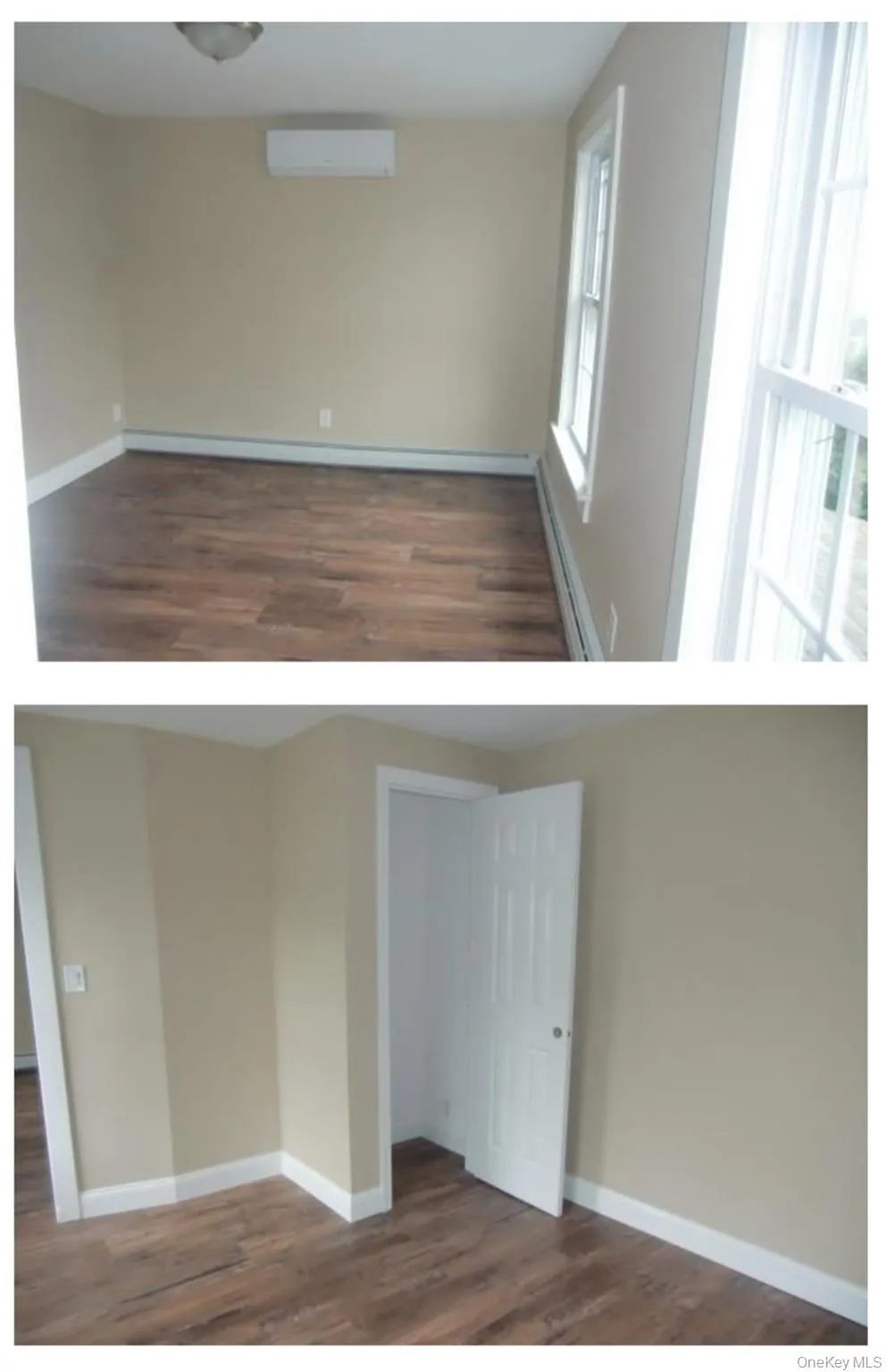 Unfurnished room with a baseboard heating unit, a wall mounted AC, dark wood finished floors, and baseboards Unfurnished room with a baseboard heating unit, a wall mounted AC, dark wood finished floors, and baseboards