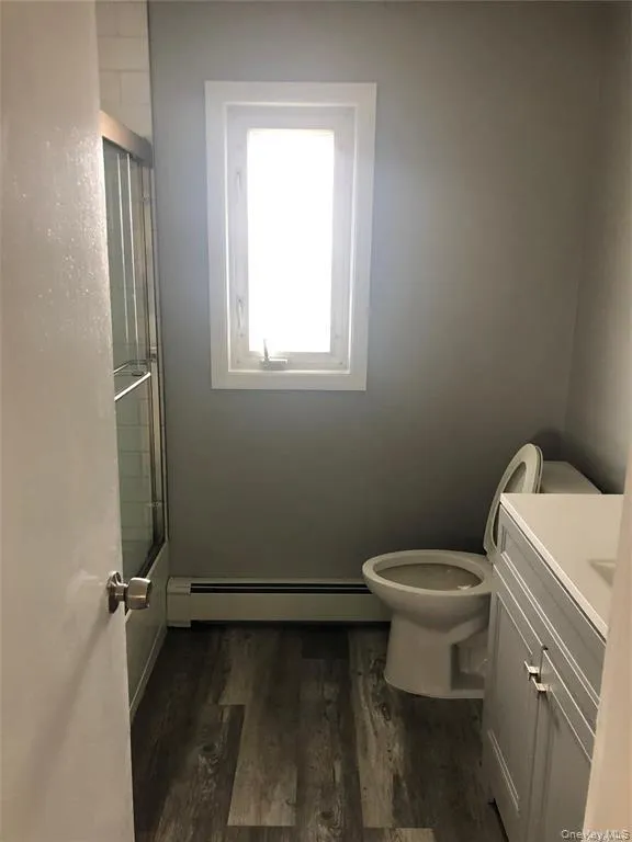 Bathroom featuring wood-finish flooring, a white vanity with cabinet storage, a white toilet, and a window with white trim Bathroom featuring wood-finish flooring, a white vanity with cabinet storage, a white toilet, and a window with white trim