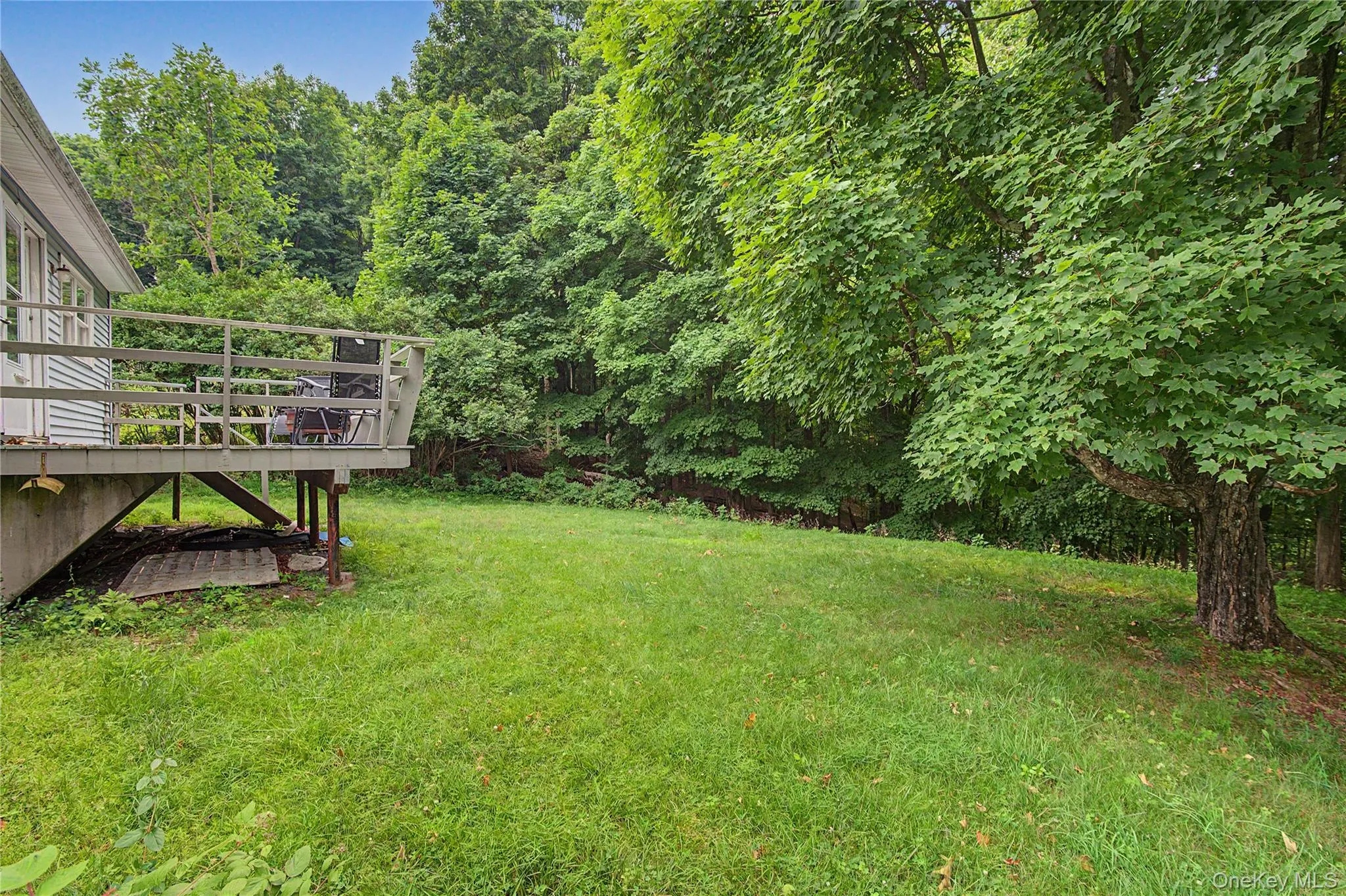 Large backyard surrounded by mature trees, perfect for outdoor enjoyment. Large backyard surrounded by mature trees, perfect for outdoor enjoyment.