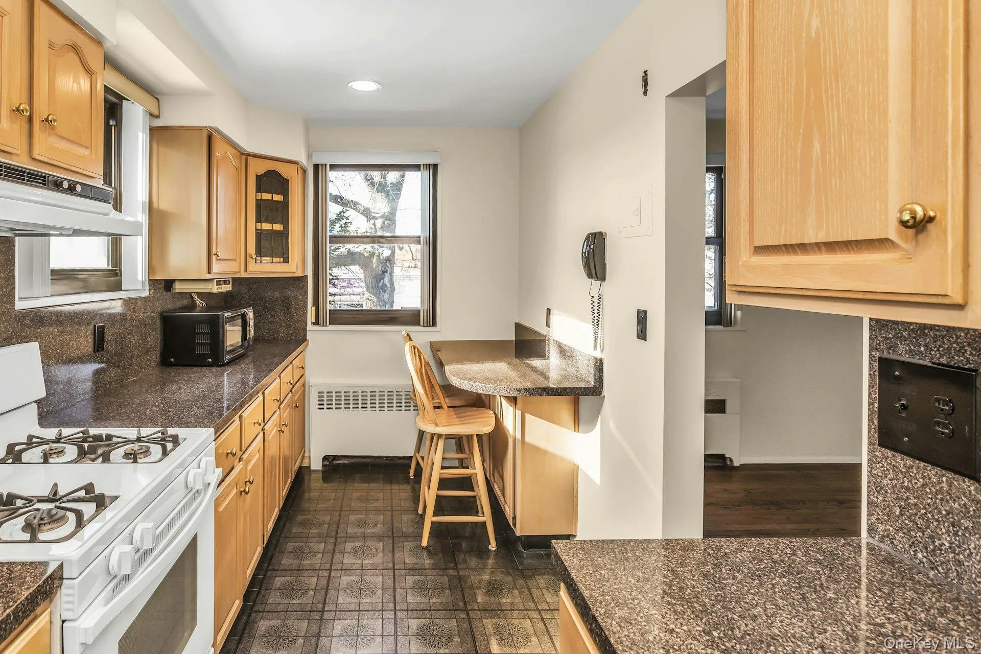 Kitchen with white gas stove, tasteful backsplash, under cabinet range hood, radiator, and glass insert cabinets Kitchen with white gas stove, tasteful backsplash, under cabinet range hood, radiator, and glass insert cabinets