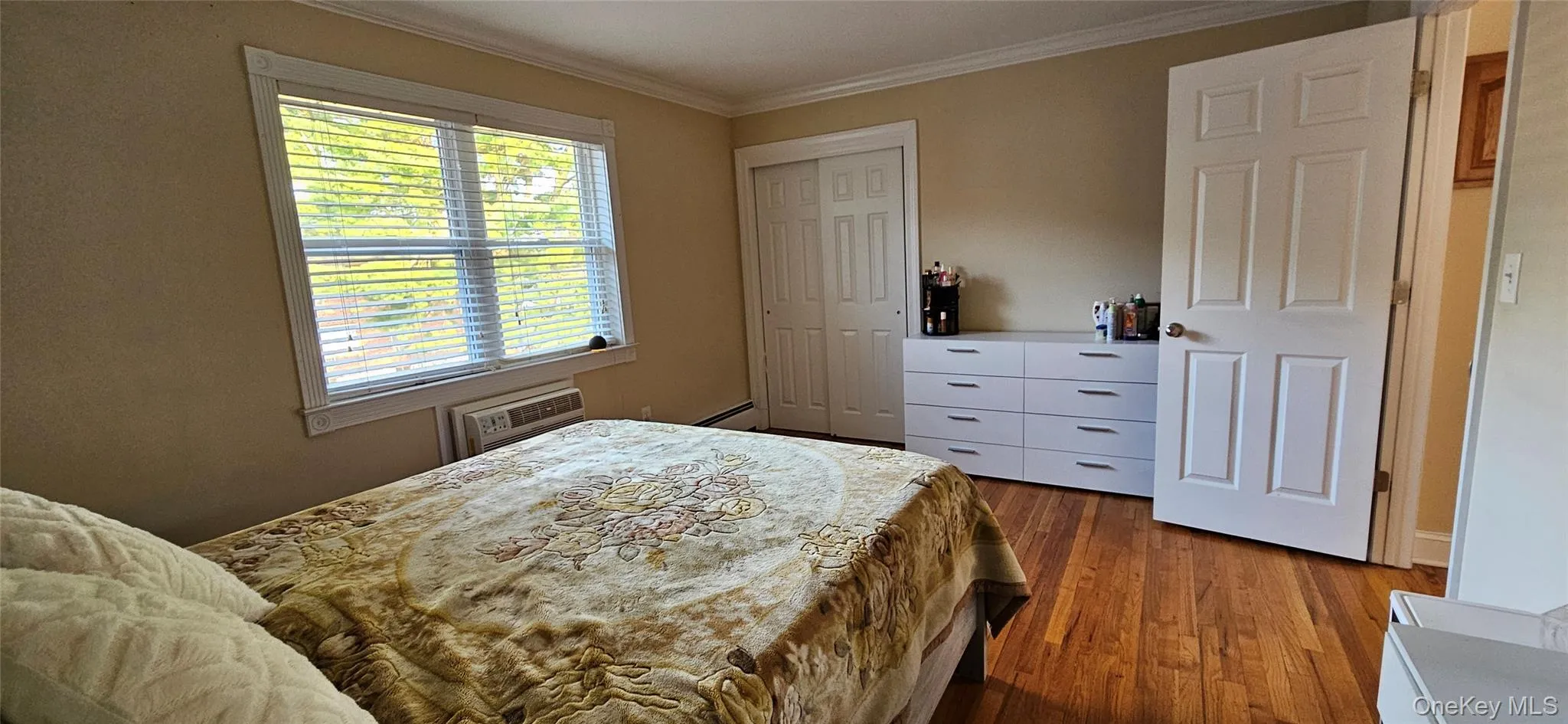 Bedroom with wood finished floors, crown molding, a closet, a baseboard radiator, and an AC wall unit Bedroom with wood finished floors, crown molding, a closet, a baseboard radiator, and an AC wall unit