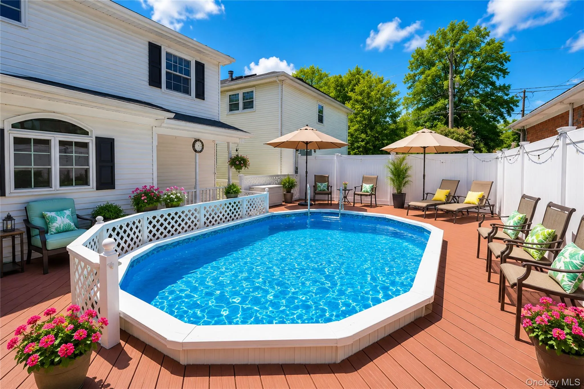 Expansive pool deck featuring an octagonal swimming pool, white lattice fencing, and a private perimeter fence Expansive pool deck featuring an octagonal swimming pool, white lattice fencing, and a private perimeter fence