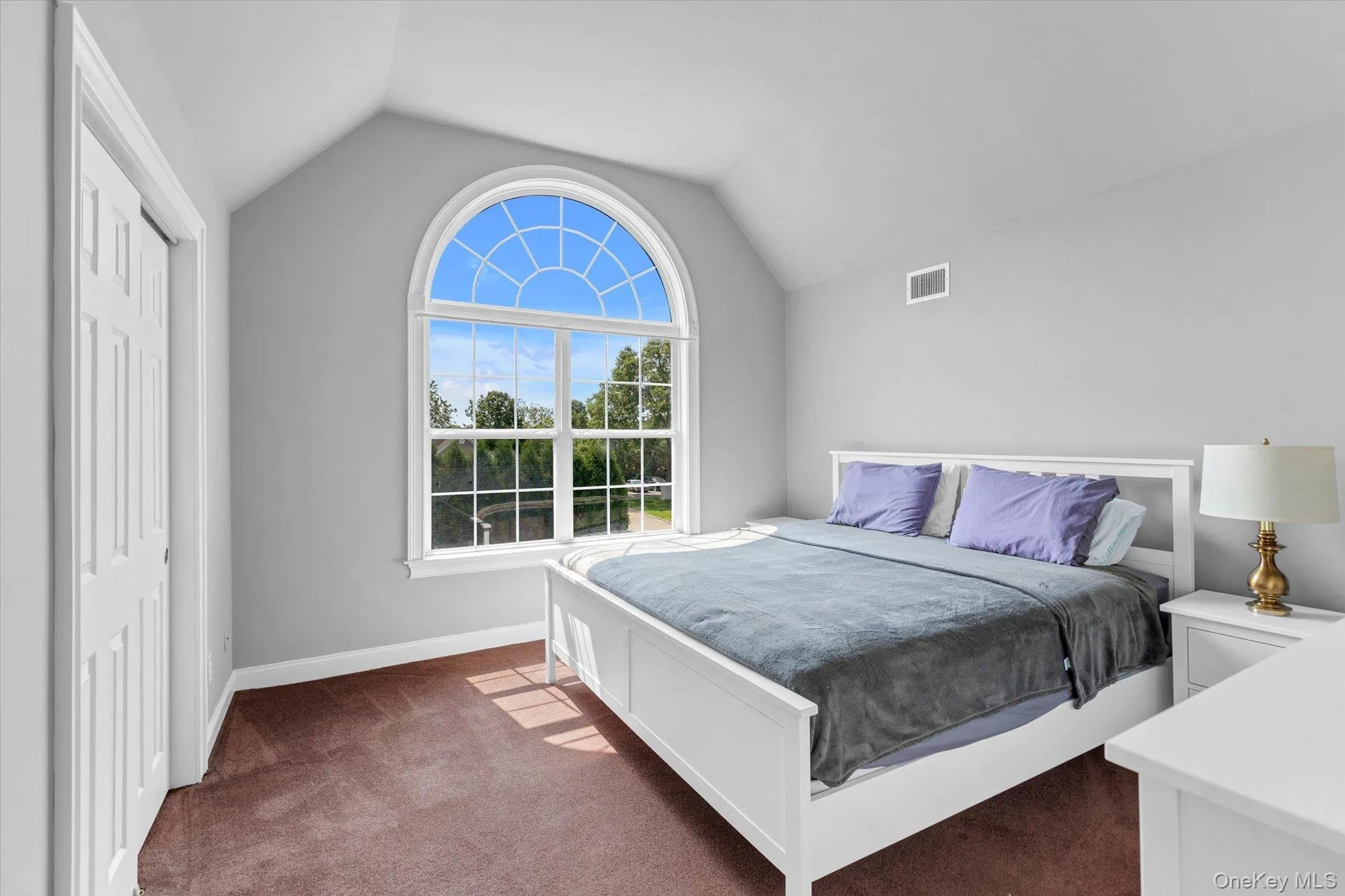 Arched window with gridded panes, high vaulted ceiling, light gray wall paint,, and a paneled closet door Arched window with gridded panes, high vaulted ceiling, light gray wall paint,, and a paneled closet door