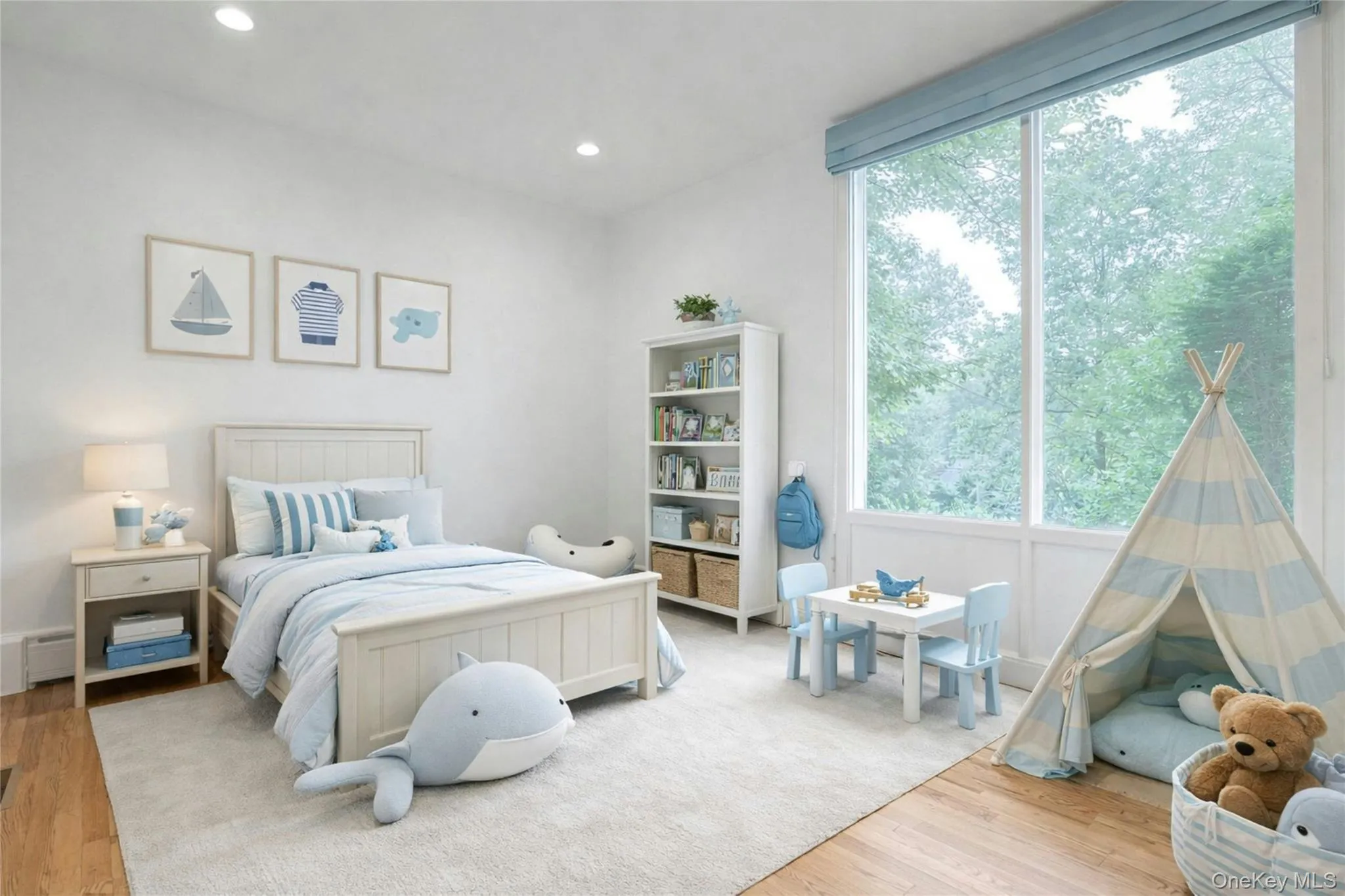 Bright and spacious secondary bedroom featuring hardwood floors, oversized windows overlooking the lush property, recessed lighting, and ample room for sleeping, studying, or relaxing. (Digitally staged.) Bright and spacious secondary bedroom featuring hardwood floors, oversized windows overlooking the lush property, recessed lighting, and ample room for sleeping, studying, or relaxing. (Digitally staged.)