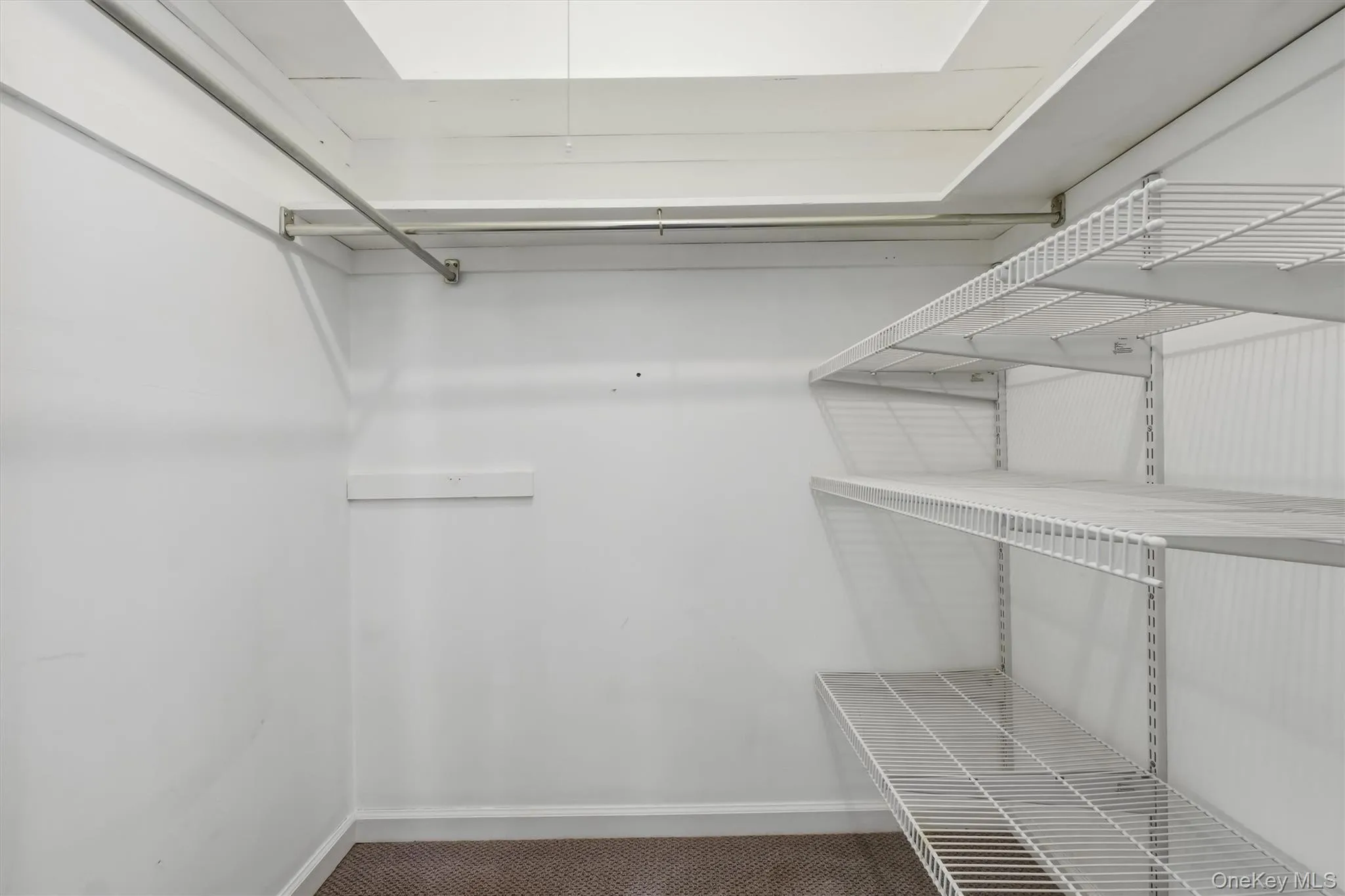 Walk-in closet featuring white wire shelving, a metal hanging rod, white painted walls, and carpet flooring Walk-in closet featuring white wire shelving, a metal hanging rod, white painted walls, and carpet flooring