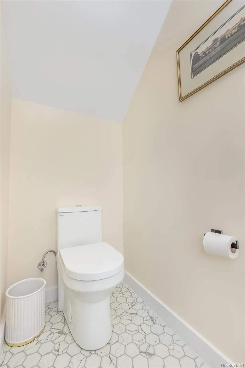 Bathroom featuring toilet and vaulted ceiling Bathroom featuring toilet and vaulted ceiling
