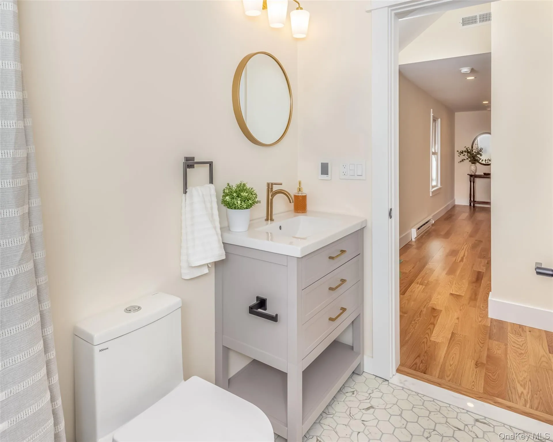 Bathroom featuring hardwood / wood-style floors, vanity, and toilet Bathroom featuring hardwood / wood-style floors, vanity, and toilet
