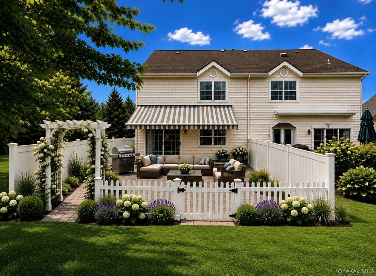 AI - Virtual Reality Picture adding in a cobblestone patio, flowers, deck furniture, awning, fence & arbor. AI - Virtual Reality Picture adding in a cobblestone patio, flowers, deck furniture, awning, fence & arbor.