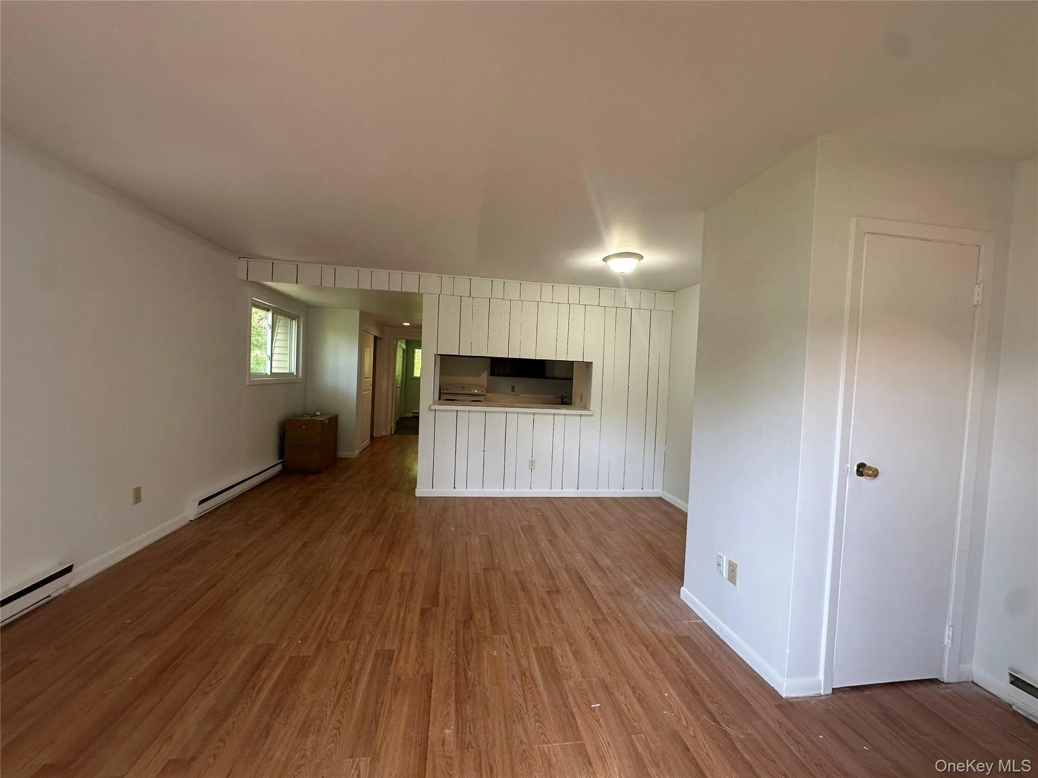 Unfurnished living room featuring a baseboard radiator, wood finished floors, and baseboards Unfurnished living room featuring a baseboard radiator, wood finished floors, and baseboards