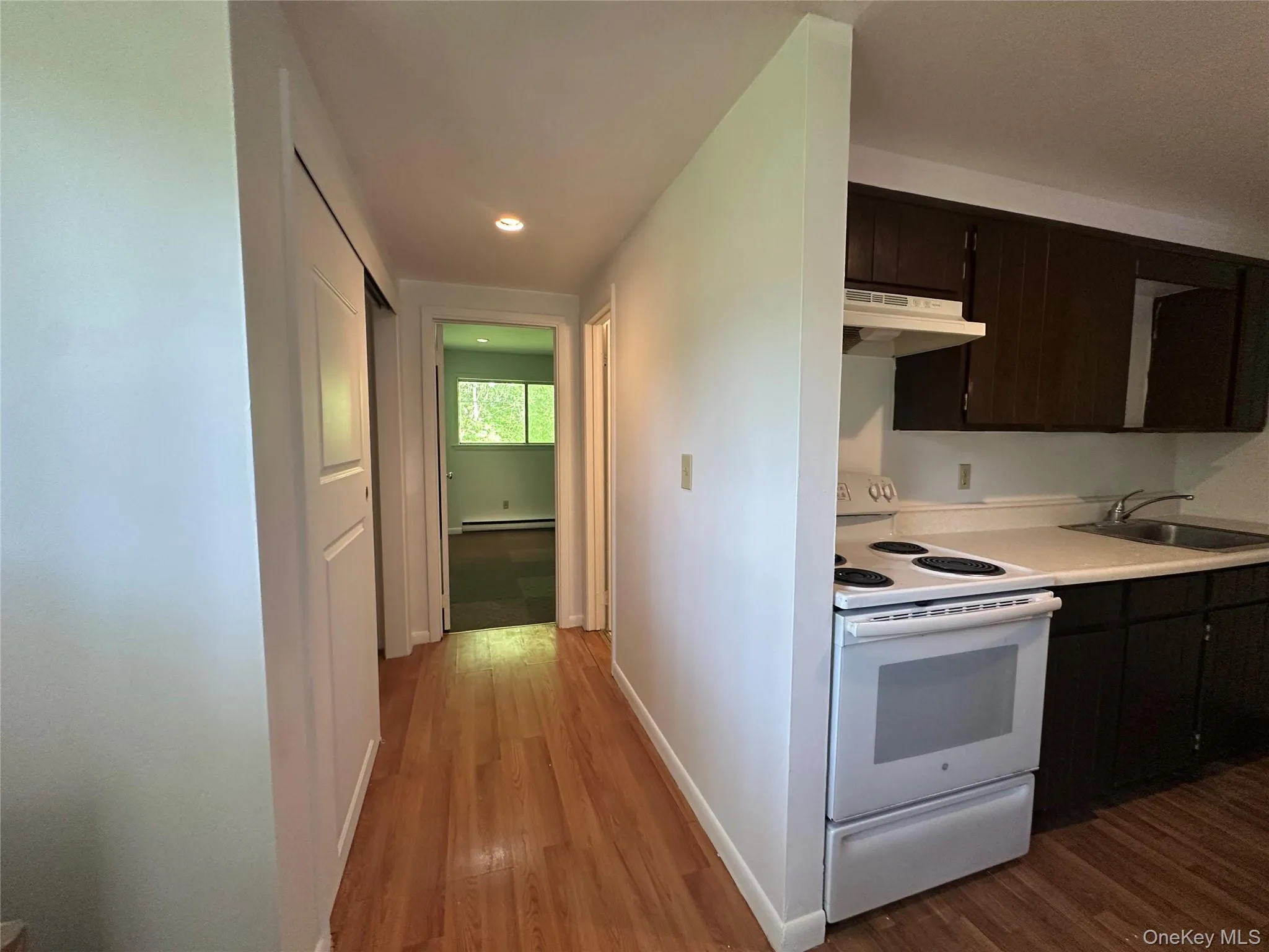 Kitchen featuring electric range, under cabinet range hood, a sink, light wood finished floors, and recessed lighting Kitchen featuring electric range, under cabinet range hood, a sink, light wood finished floors, and recessed lighting