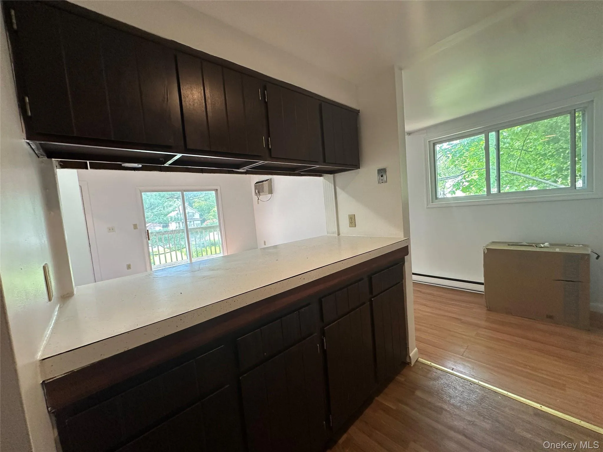 Kitchen with a baseboard heating unit, wood finished floors, plenty of natural light, and light countertops Kitchen with a baseboard heating unit, wood finished floors, plenty of natural light, and light countertops