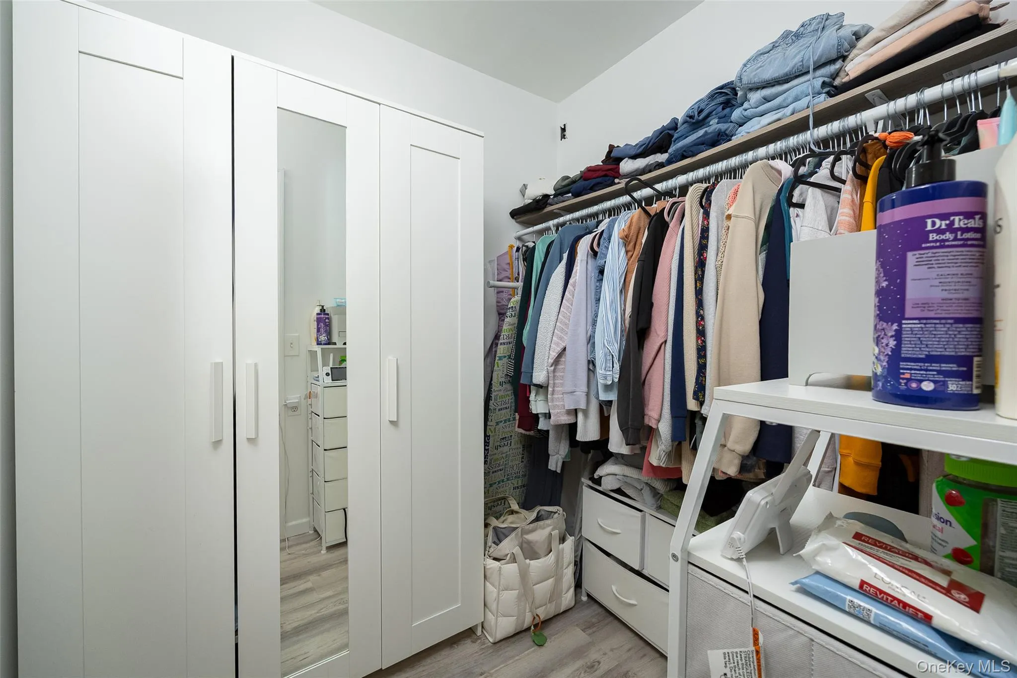 Built-in wardrobe system featuring white panel doors and an integrated full-length mirror Built-in wardrobe system featuring white panel doors and an integrated full-length mirror