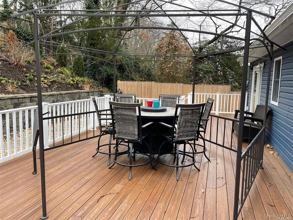 Back Composite Deck with 6 Chairs and Round Fireplace Table with Canvas Cover over Metal Framing Back Composite Deck with 6 Chairs and Round Fireplace Table with Canvas Cover over Metal Framing