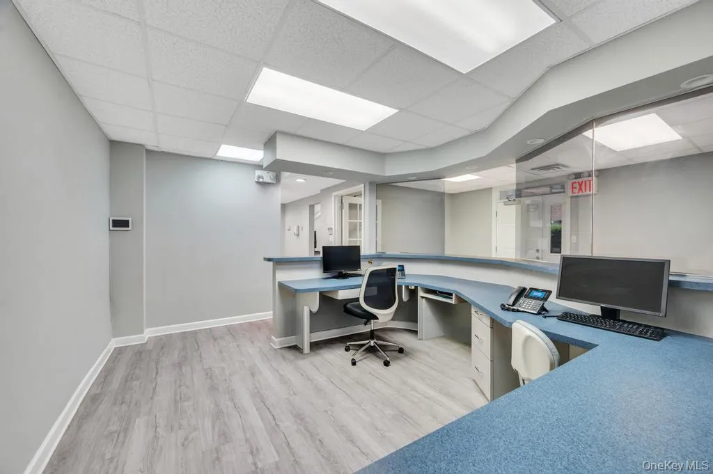 Reception area featuring a curved desk with a blue countertop, light wood-finish flooring, and a suspended acoustic tile ceiling with integrated lighting Reception area featuring a curved desk with a blue countertop, light wood-finish flooring, and a suspended acoustic tile ceiling with integrated lighting
