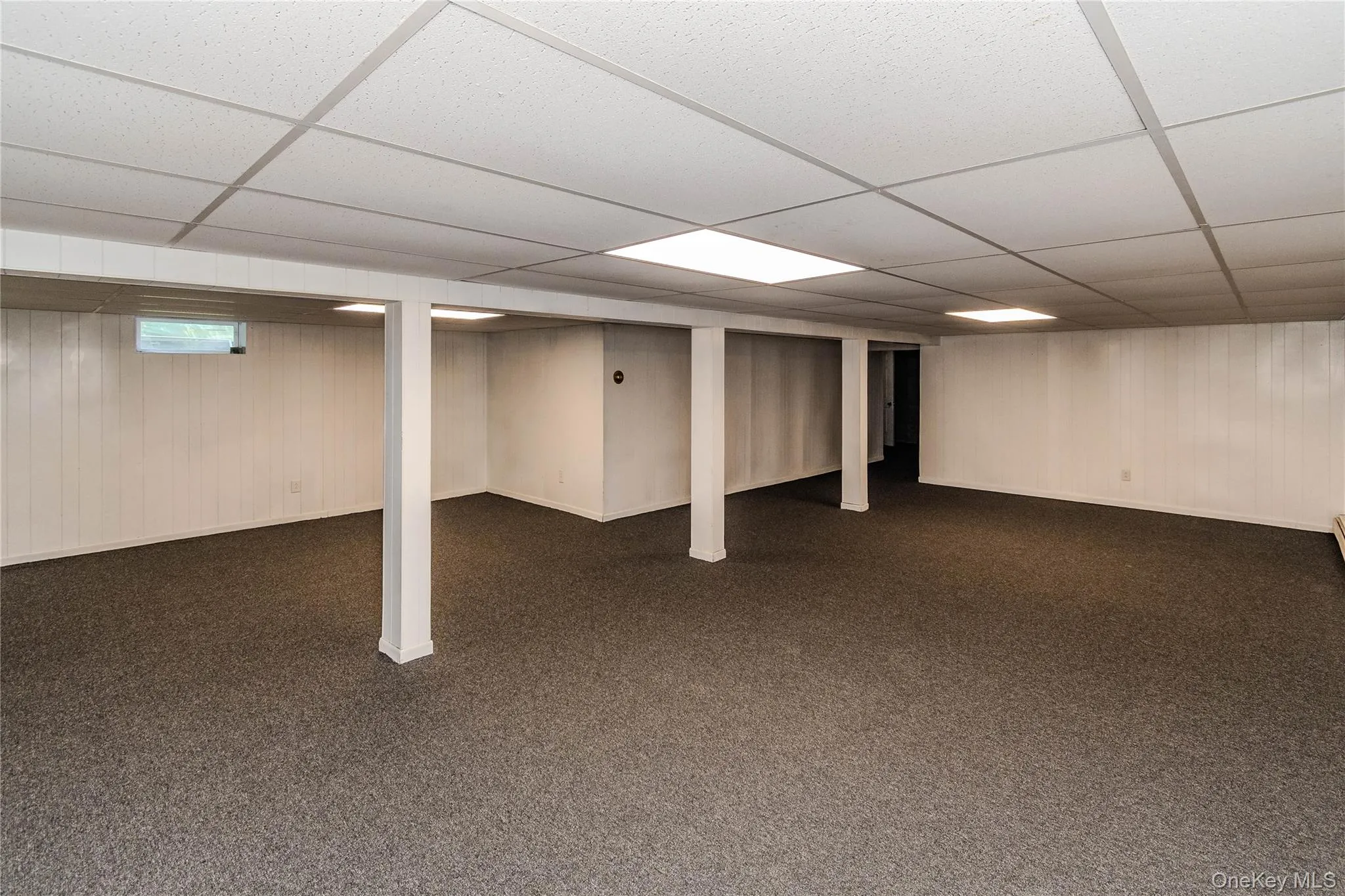 Expansive finished basement featuring carpet flooring, white paneled walls, and a drop ceiling with integrated lighting Expansive finished basement featuring carpet flooring, white paneled walls, and a drop ceiling with integrated lighting