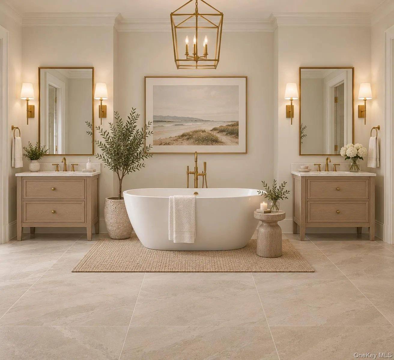 Primary bedroom bathroom with soaking tub and dual vanities Primary bedroom bathroom with soaking tub and dual vanities