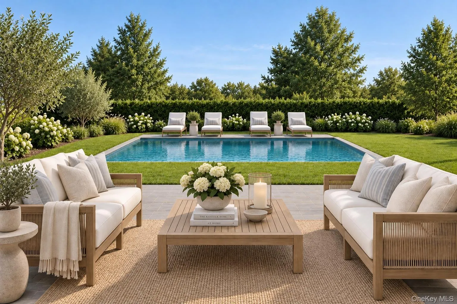 Swimming pool surrounded by a stone patio and expansive lawn with mature trees and sculpted hedges Swimming pool surrounded by a stone patio and expansive lawn with mature trees and sculpted hedges
