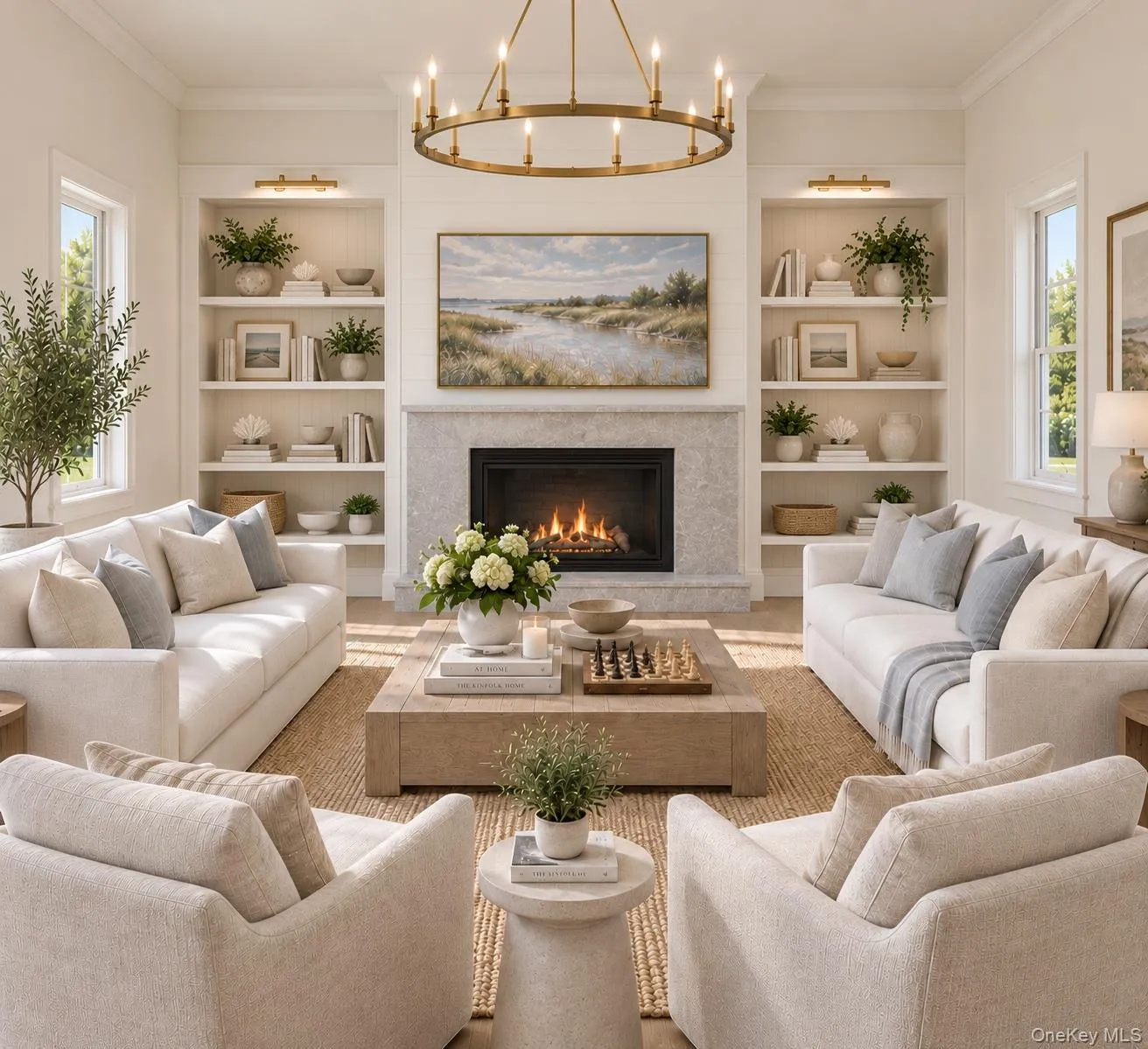 Central fireplace with a stone surround, flanked by built-in shelves. Open to kitchen and living room Central fireplace with a stone surround, flanked by built-in shelves. Open to kitchen and living room