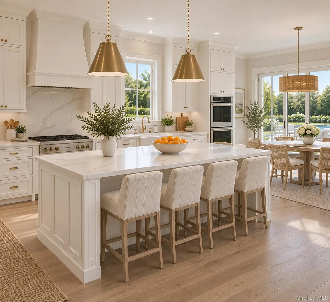 Spacious kitchen featuring an expansive center island, white cabinetry, integrated double ovens, and wood flooring Spacious kitchen featuring an expansive center island, white cabinetry, integrated double ovens, and wood flooring