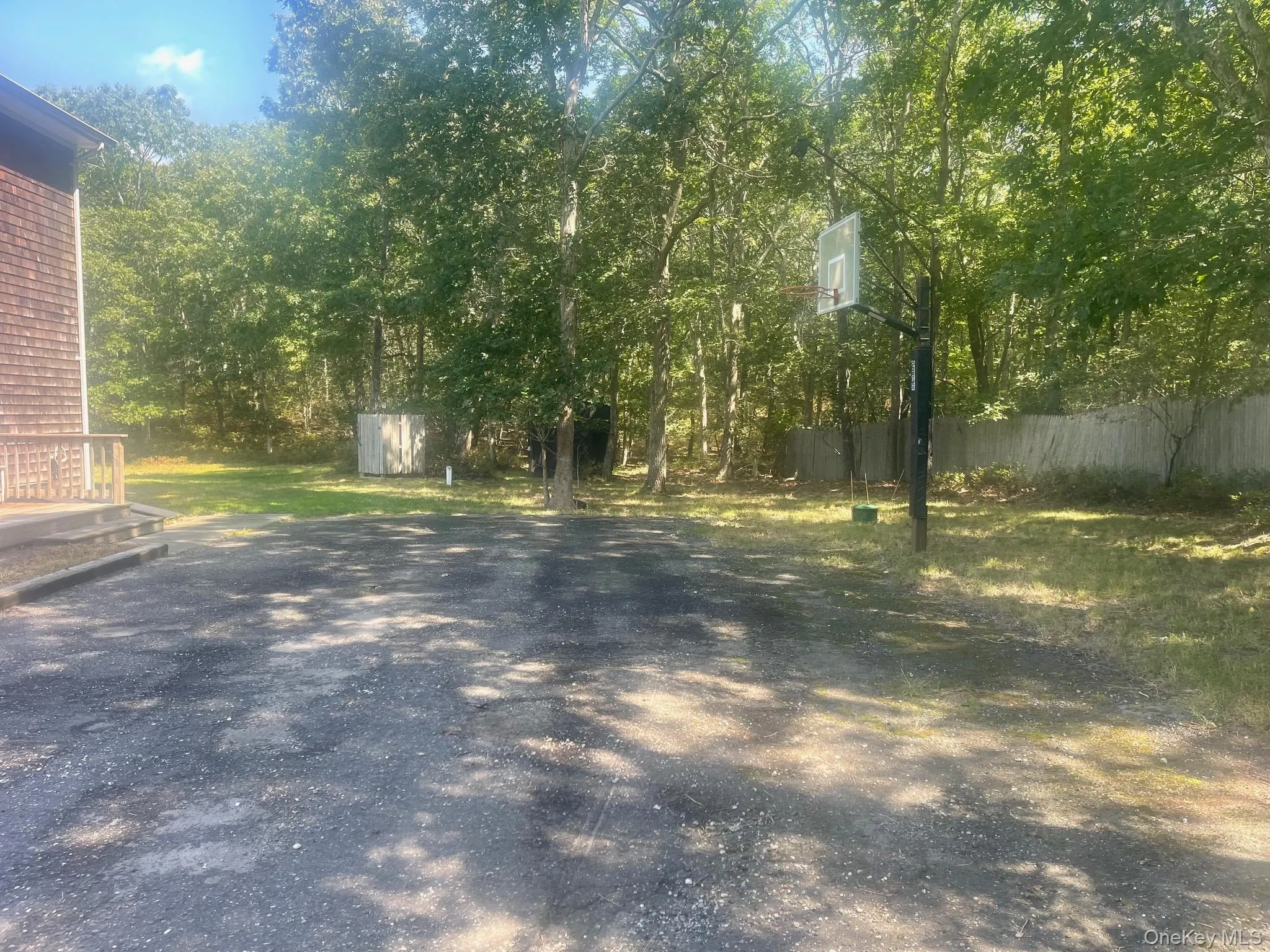 Spacious outdoor area featuring a basketball hoop, established trees, and a storage shed Spacious outdoor area featuring a basketball hoop, established trees, and a storage shed