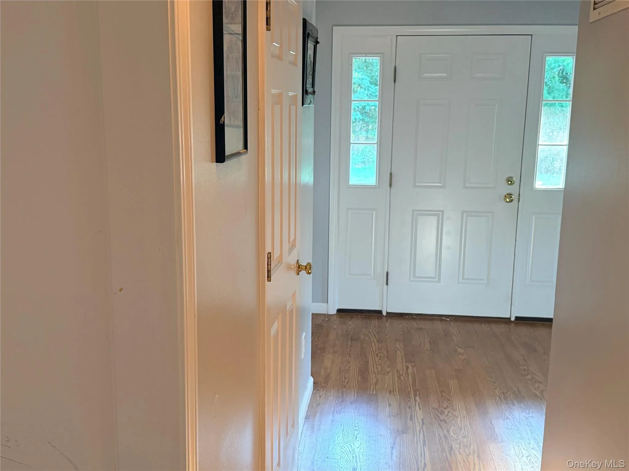 Entryway featuring a paneled white door with sidelight windows, brass hardware, and wood-finish flooring Entryway featuring a paneled white door with sidelight windows, brass hardware, and wood-finish flooring