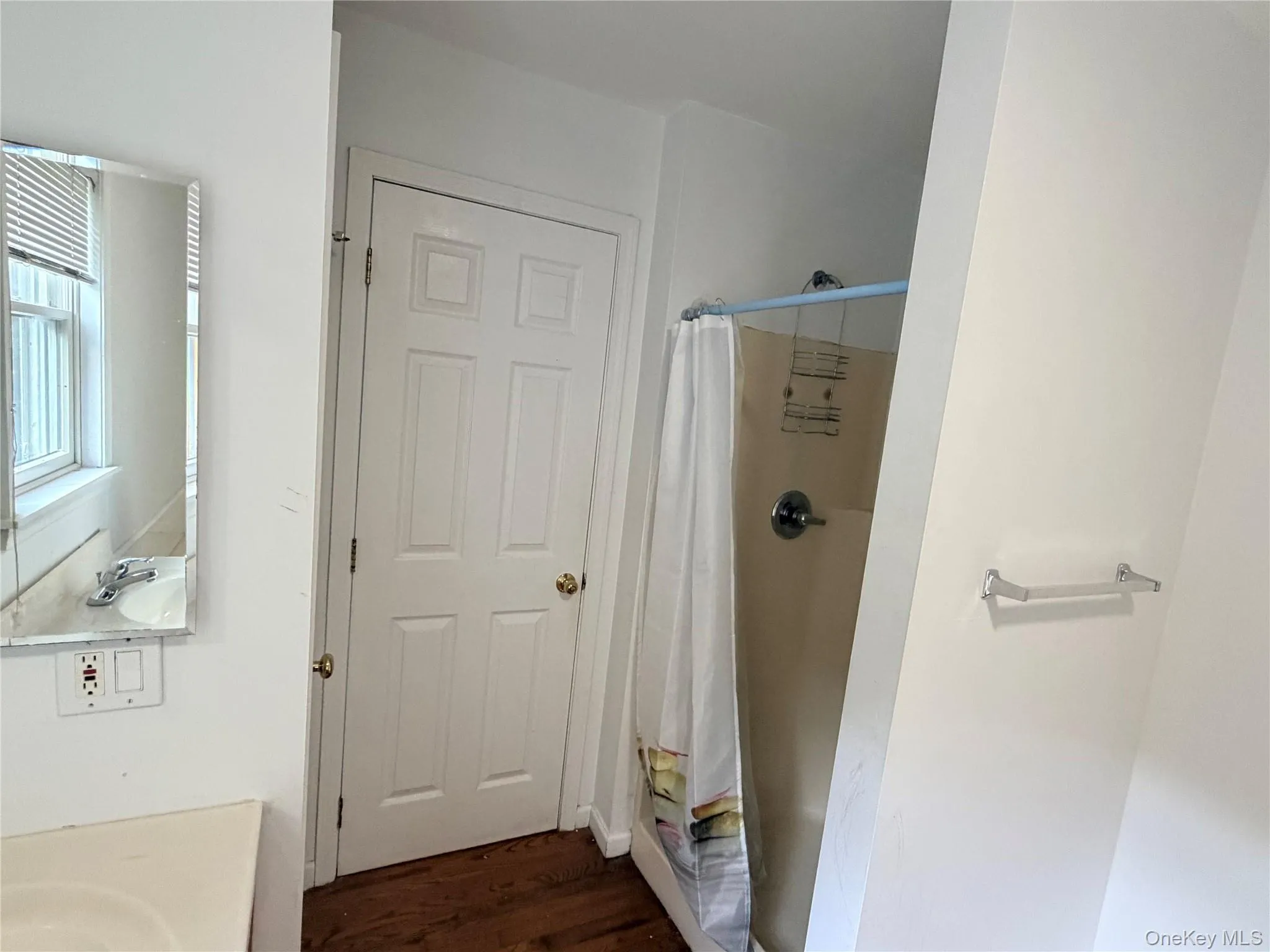 Bathroom featuring a shower with a chrome fixture, a white paneled door, wood-finish flooring, a wall-mounted mirror, and a window with blinds Bathroom featuring a shower with a chrome fixture, a white paneled door, wood-finish flooring, a wall-mounted mirror, and a window with blinds