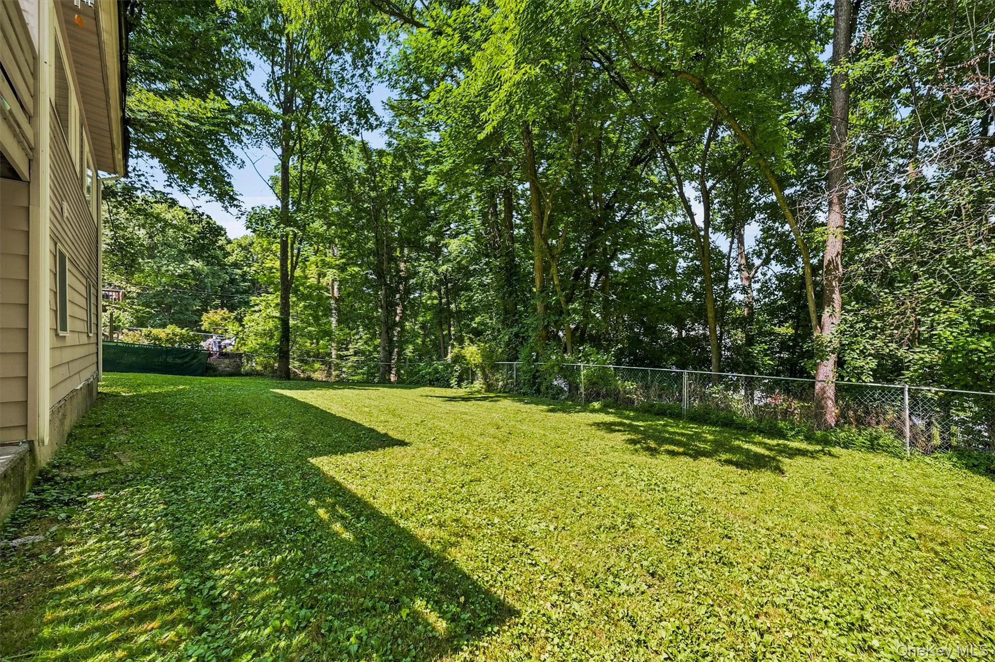 Expansive backyard featuring a lush lawn, mature trees, and a chain-link fence bordering a wooded area Expansive backyard featuring a lush lawn, mature trees, and a chain-link fence bordering a wooded area
