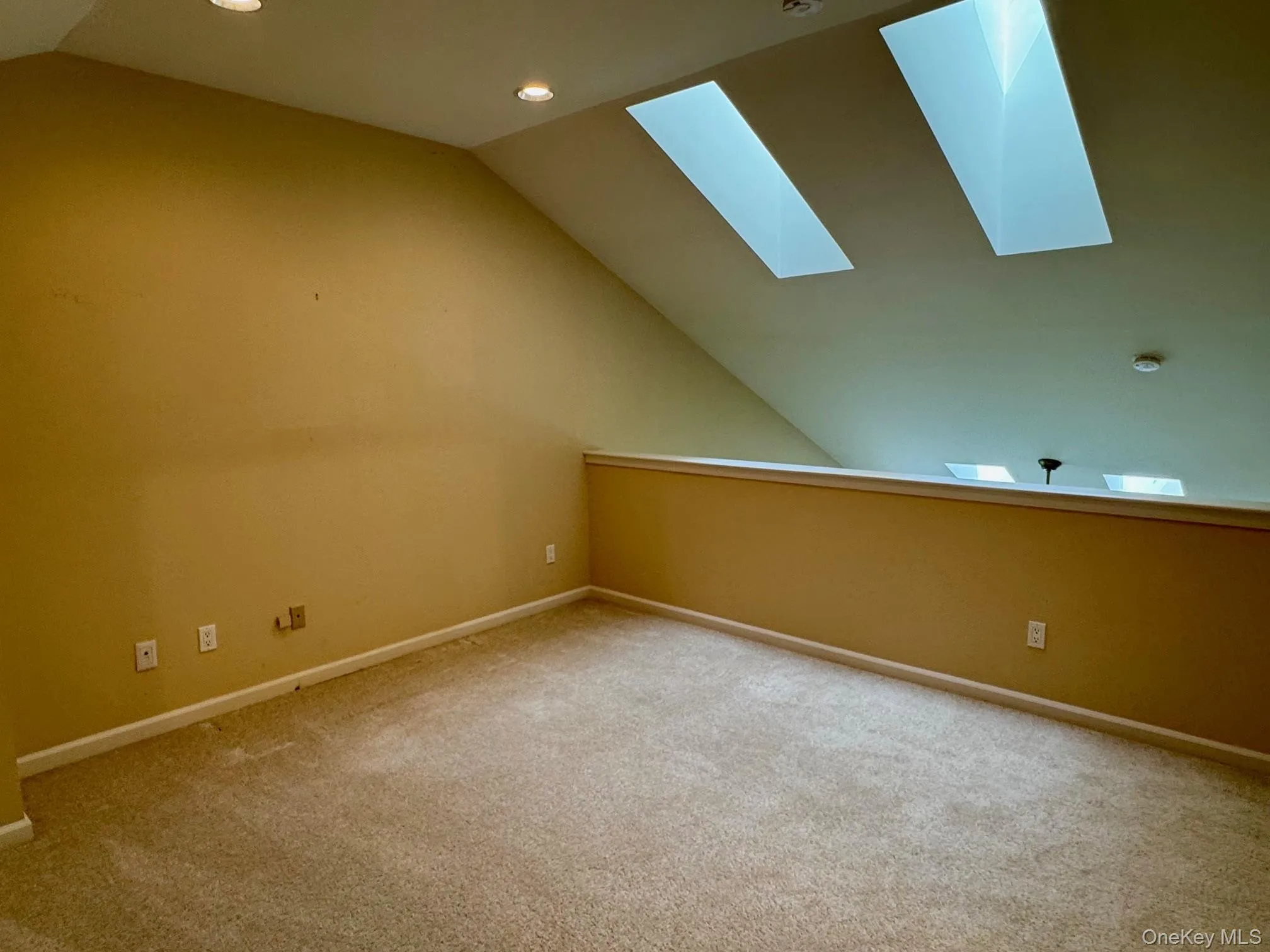 Bonus room with a skylight, vaulted ceiling, carpet, and recessed lighting Bonus room with a skylight, vaulted ceiling, carpet, and recessed lighting