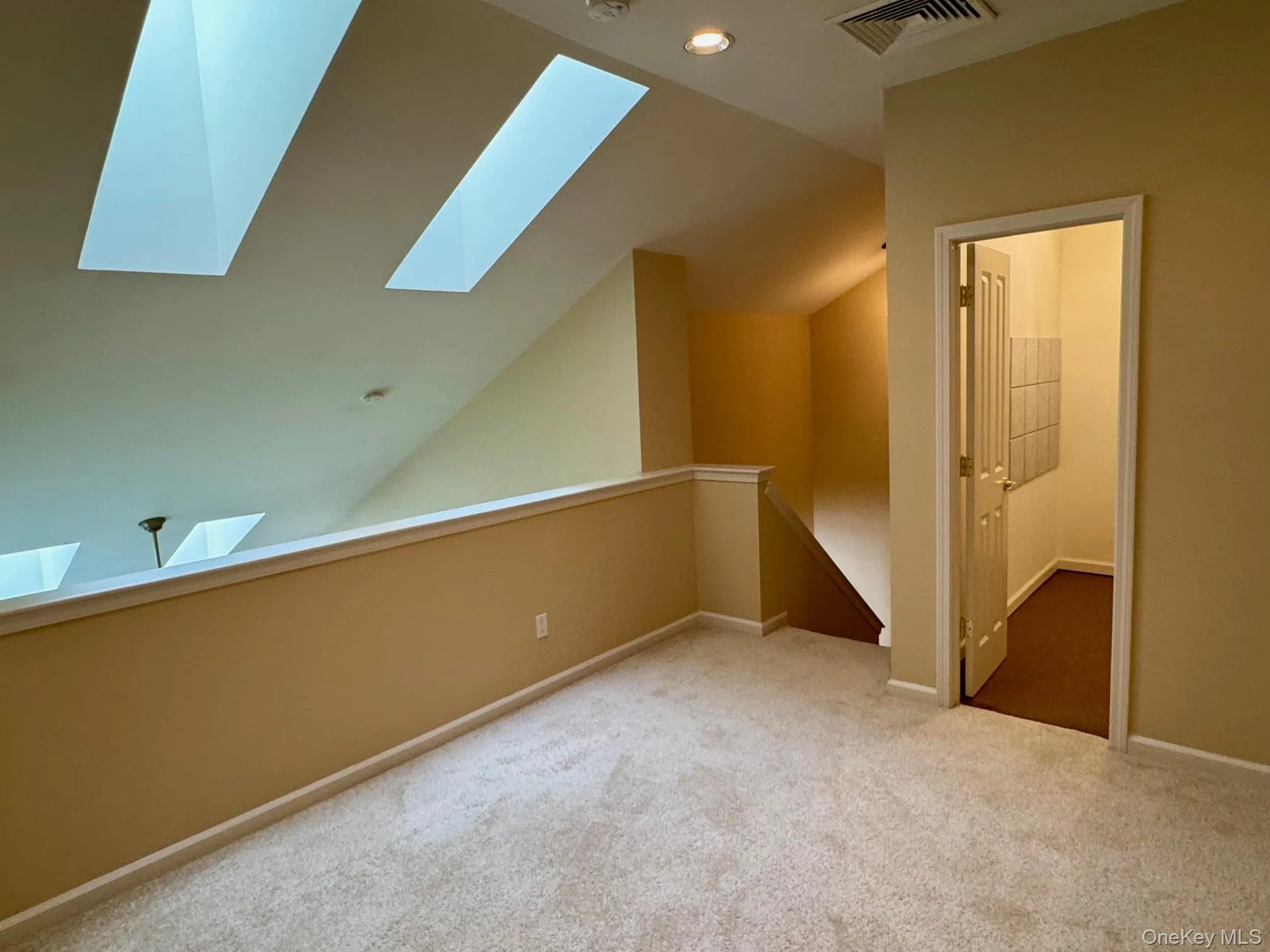 Bonus room featuring a skylight, carpet, lofted ceiling, and recessed lighting Bonus room featuring a skylight, carpet, lofted ceiling, and recessed lighting