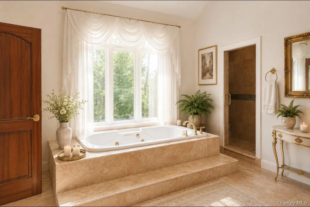 Primary Bath with view to garden. Primary Bath with view to garden.
