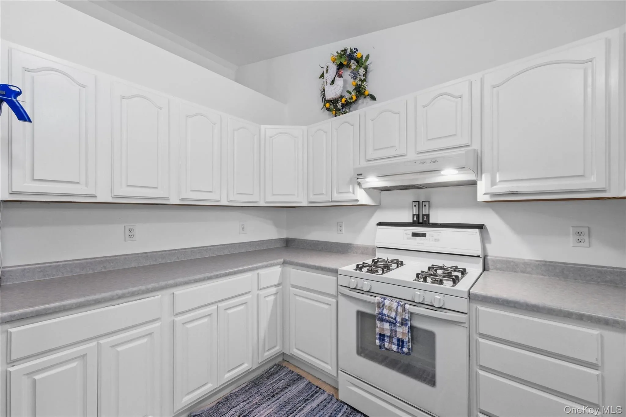 White cabinetry, light-toned countertops, and a built-in gas range with an overhead exhaust fan White cabinetry, light-toned countertops, and a built-in gas range with an overhead exhaust fan