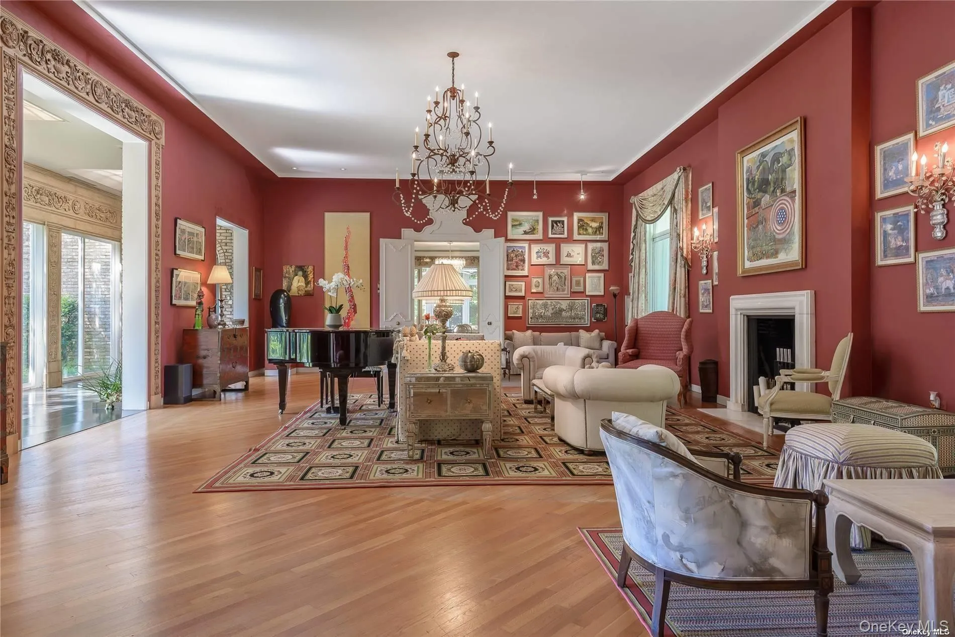 Grand Living Room with High Ceiling, Fireplace and Wood Floor Grand Living Room with High Ceiling, Fireplace and Wood Floor