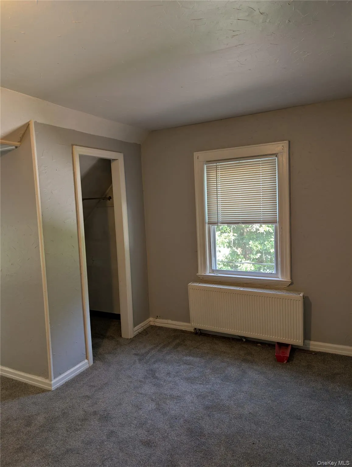 Newly carpeted room with double windows features horizontal blinds Newly carpeted room with double windows features horizontal blinds