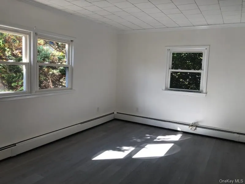 Empty room with dark wood-style flooring, crown molding, and a baseboard radiator Empty room with dark wood-style flooring, crown molding, and a baseboard radiator