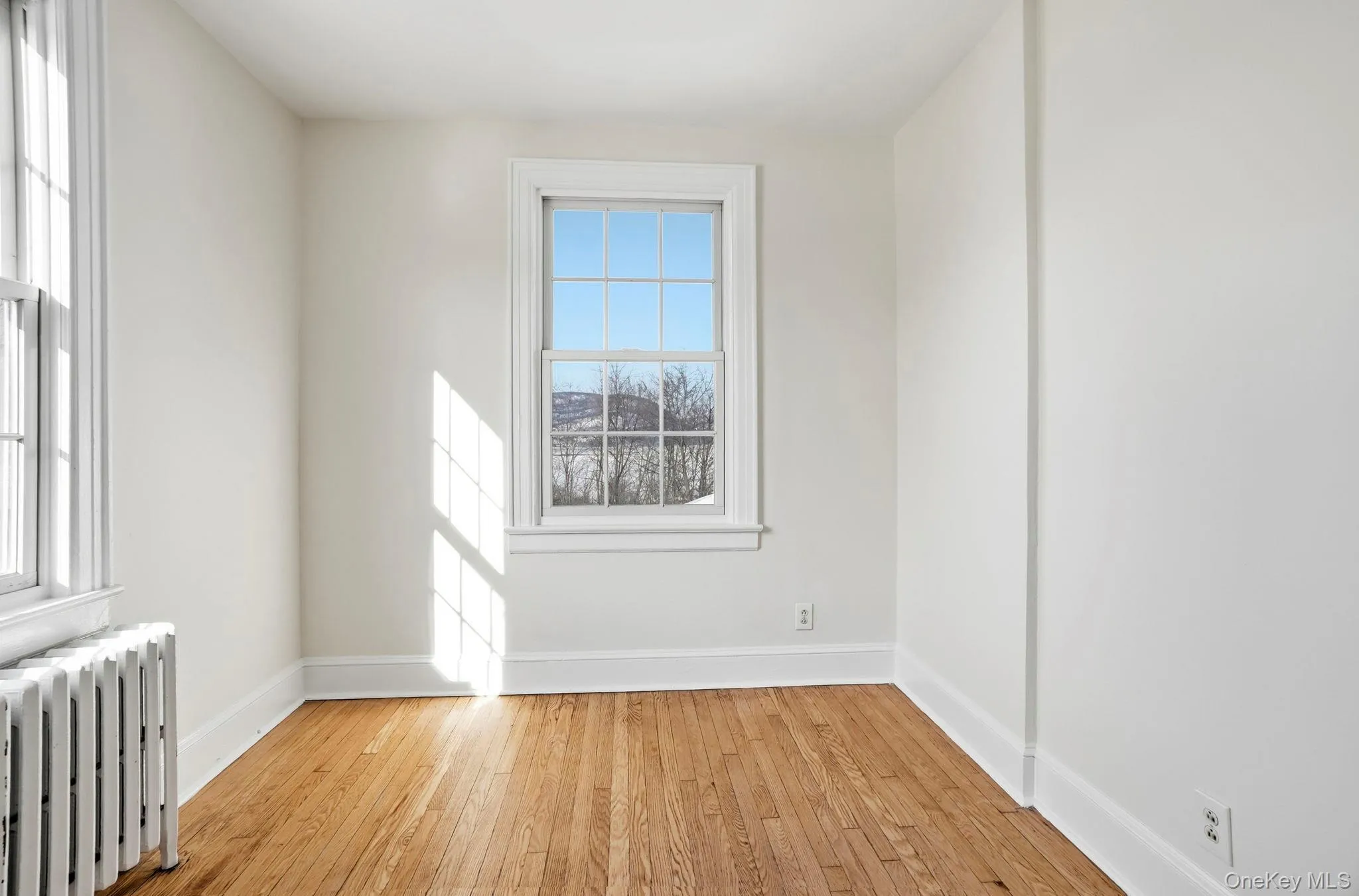 Bright and Spacious room featuring two large windows with white trim, wood-finish flooring, white baseboards, and a classic radiator Bright and Spacious room featuring two large windows with white trim, wood-finish flooring, white baseboards, and a classic radiator