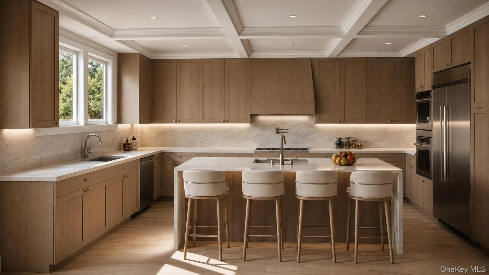 Open-concept kitchen featuring light wood-finish cabinetry, a large central island with seating, integrated stainless steel appliances, and soffit lighting Open-concept kitchen featuring light wood-finish cabinetry, a large central island with seating, integrated stainless steel appliances, and soffit lighting