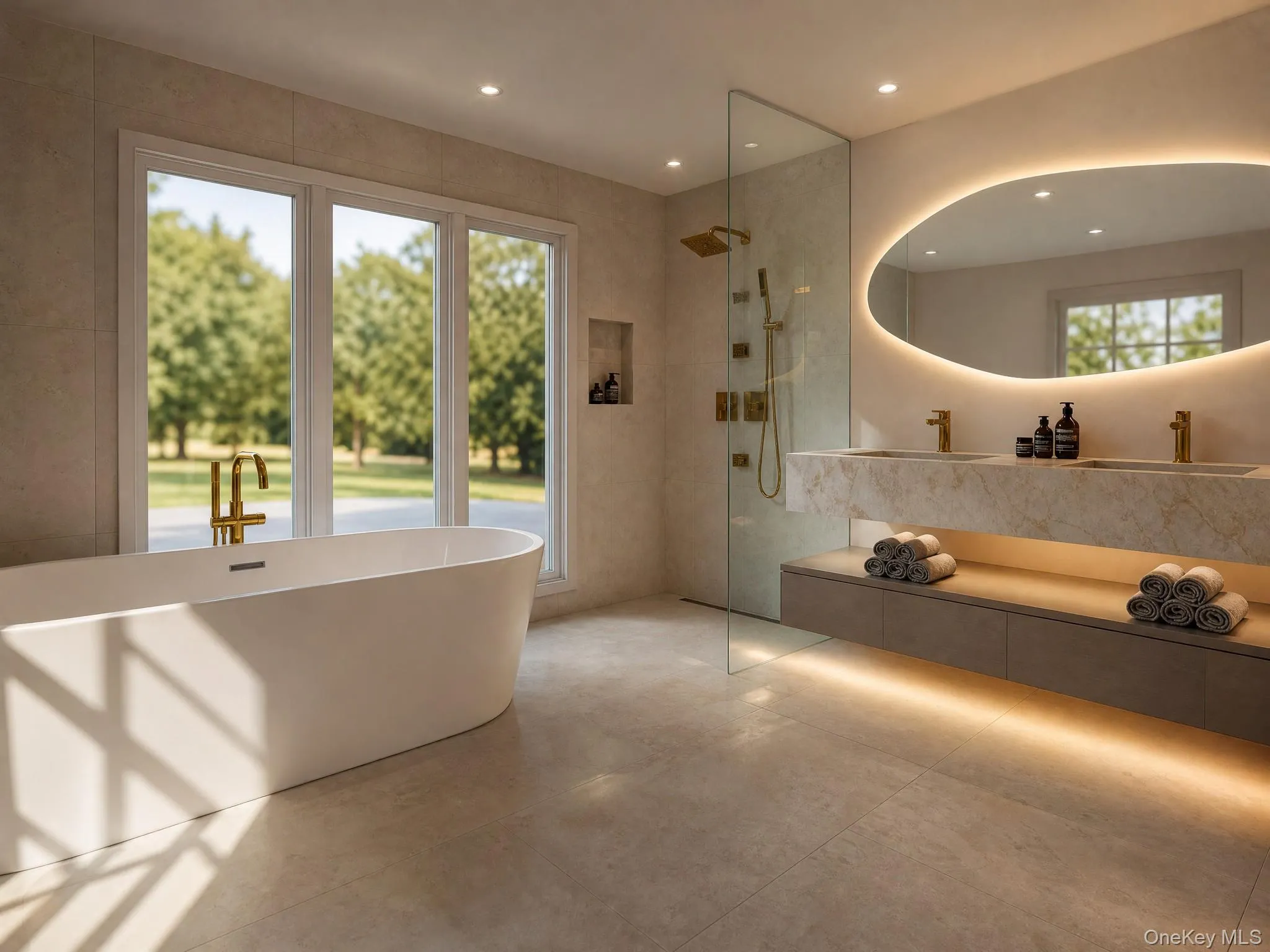 Freestanding soaking tub with a floor-mounted gold-tone faucet, set against a backdrop of triple-pane windows Freestanding soaking tub with a floor-mounted gold-tone faucet, set against a backdrop of triple-pane windows