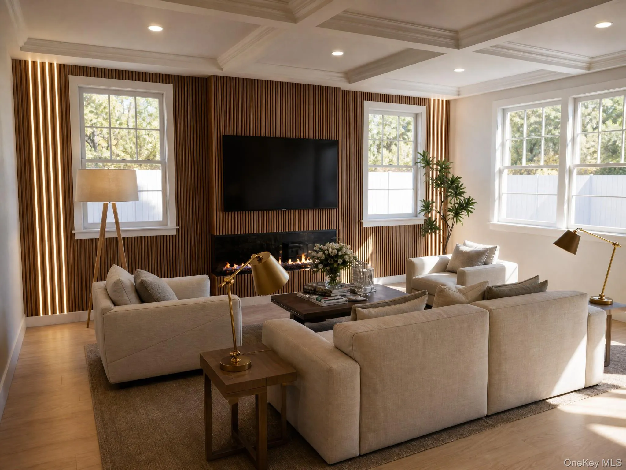 Living area featuring wood-finish flooring and a coffered ceiling Living area featuring wood-finish flooring and a coffered ceiling