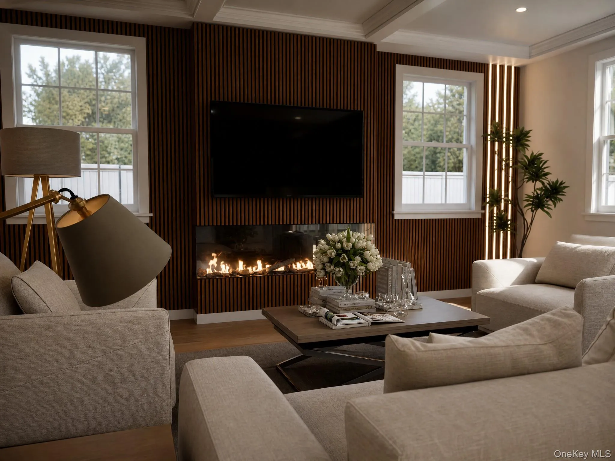 Living area featuring a floor-to-ceiling slatted wood-finish accent wall, an integrated linear fireplace, and recessed ceiling lighting Living area featuring a floor-to-ceiling slatted wood-finish accent wall, an integrated linear fireplace, and recessed ceiling lighting