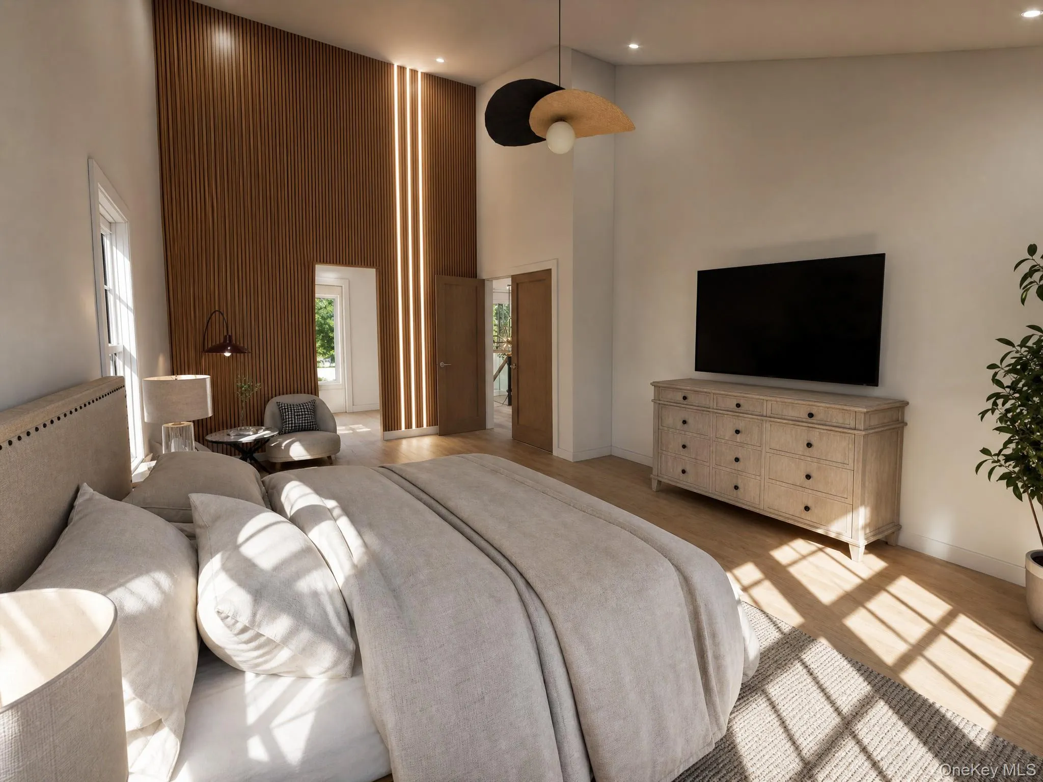 Dramatic wood-paneled accent wall with integrated vertical lighting Dramatic wood-paneled accent wall with integrated vertical lighting