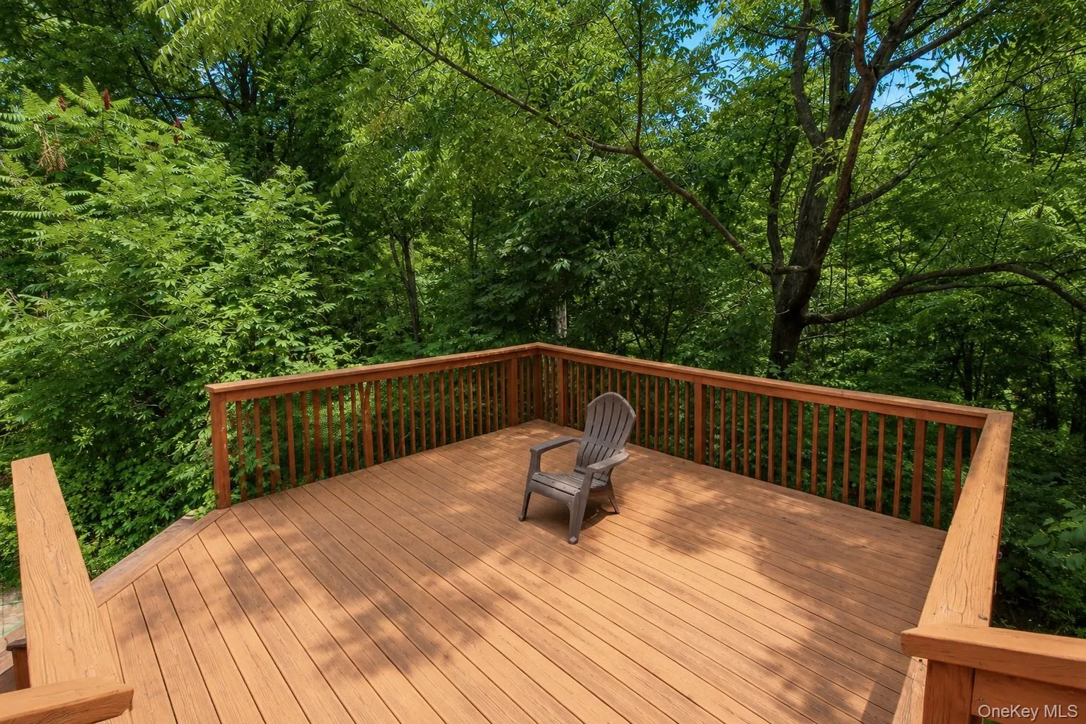 Expansive outdoor deck featuring wood-finish flooring and full railing, surrounded by lush green foliage Expansive outdoor deck featuring wood-finish flooring and full railing, surrounded by lush green foliage