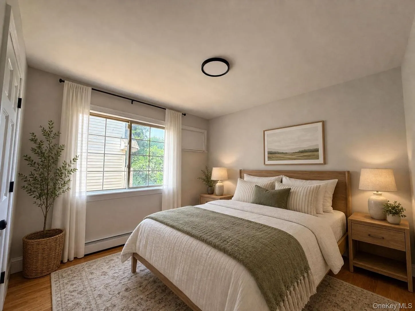 Hardwood flooring featuring warm tones, closet, a double-hung window, and a contemporary ceiling light fixture Hardwood flooring featuring warm tones, closet, a double-hung window, and a contemporary ceiling light fixture