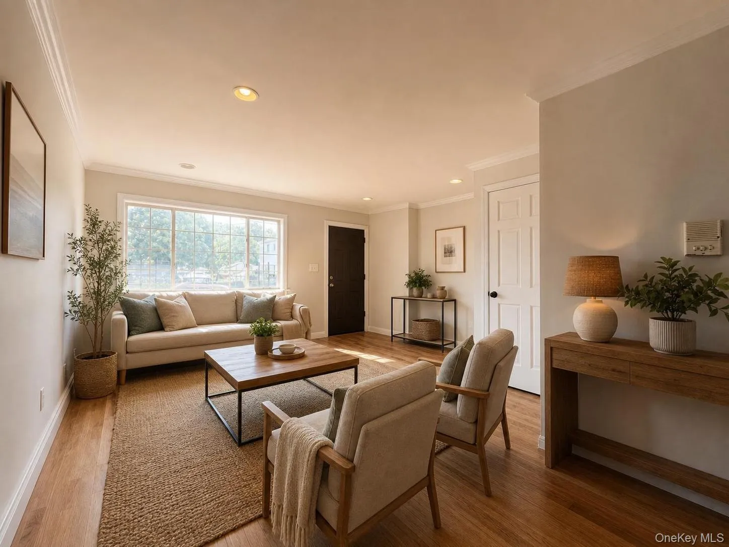 Spacious living area featuring wood-finish flooring, ample natural light from a large window, recessed lighting, and crown molding. Spacious living area featuring wood-finish flooring, ample natural light from a large window, recessed lighting, and crown molding.