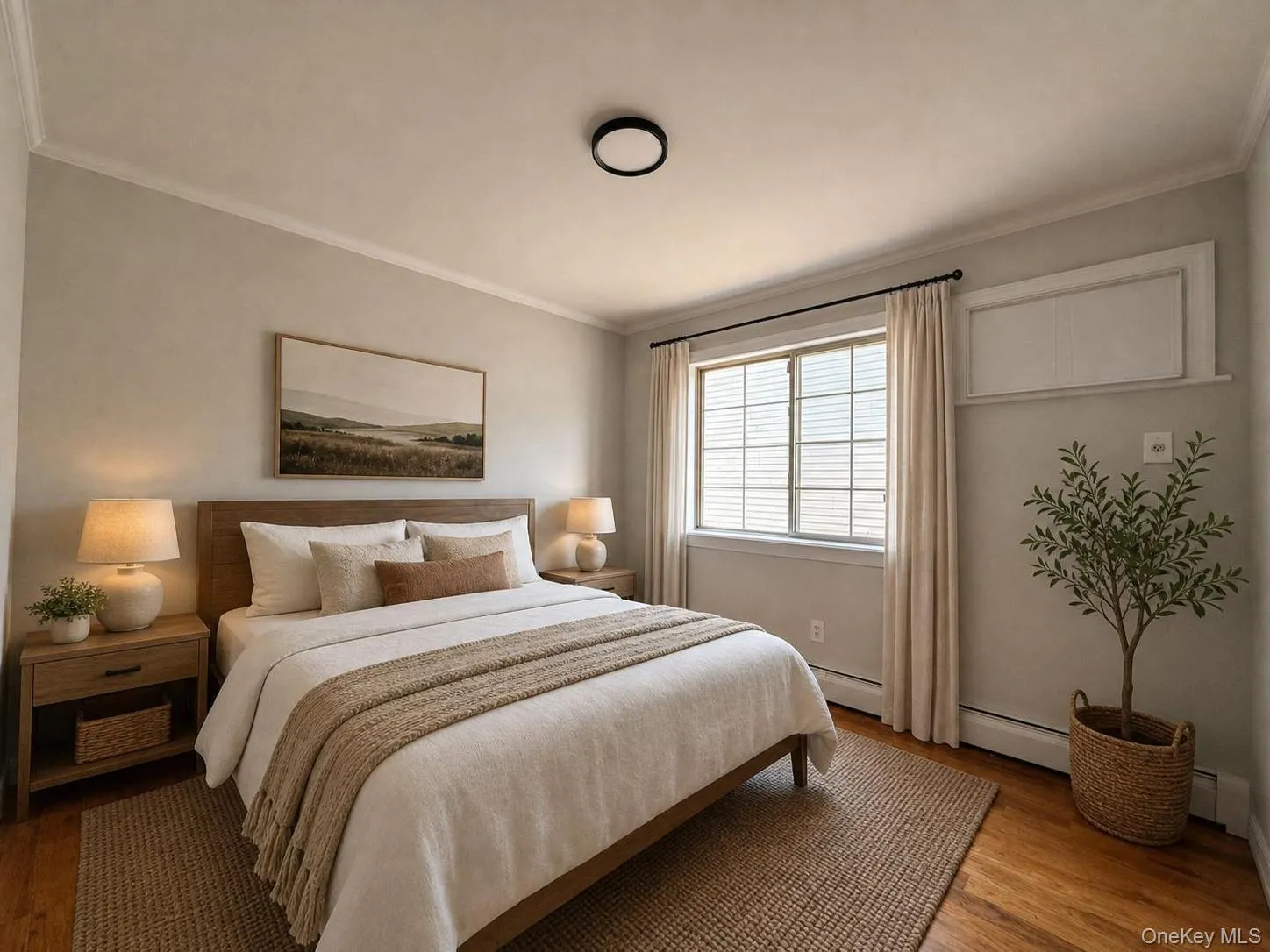 Hardwood flooring throughout featuring a window with horizontal blinds, baseboard heating, closet, and a flush-mount ceiling light fixture. Hardwood flooring throughout featuring a window with horizontal blinds, baseboard heating, closet, and a flush-mount ceiling light fixture.