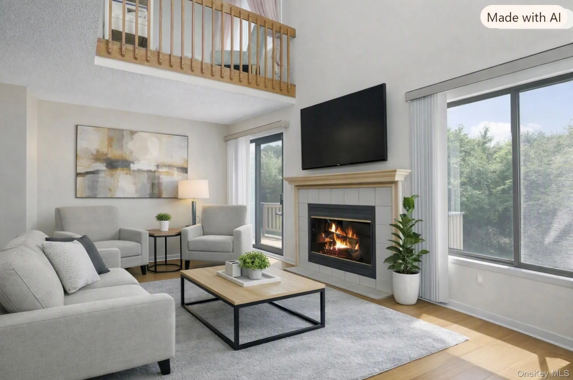 Virtually staged living room to showcase entire expansive living room furnished to embrace the wood burning fireplace. Loft makes a fabulous work at home office. Virtually staged living room to showcase entire expansive living room furnished to embrace the wood burning fireplace. Loft makes a fabulous work at home office.