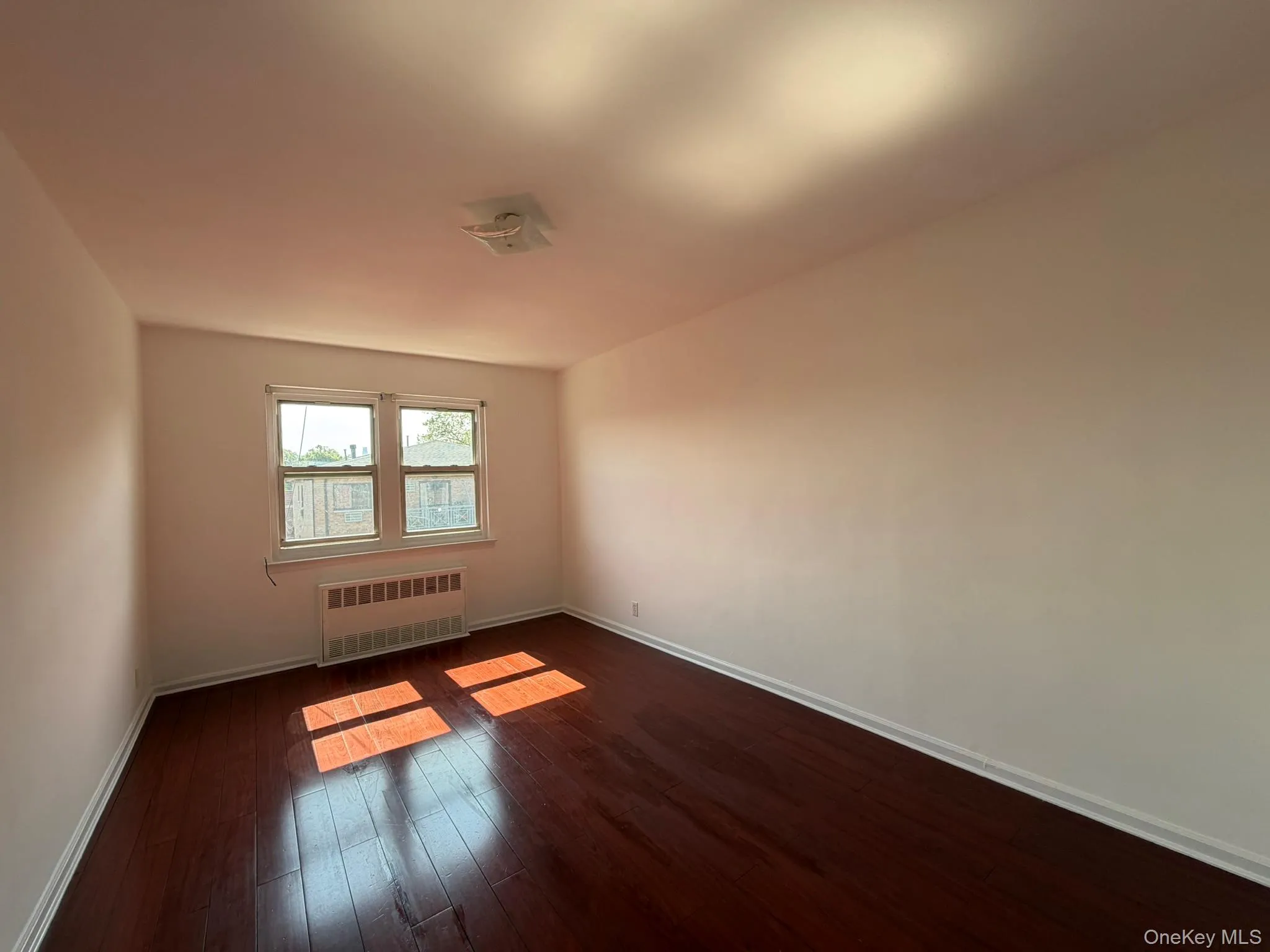 Room featuring dark wood-finish flooring, light neutral-toned walls, and a multi-pane window Room featuring dark wood-finish flooring, light neutral-toned walls, and a multi-pane window
