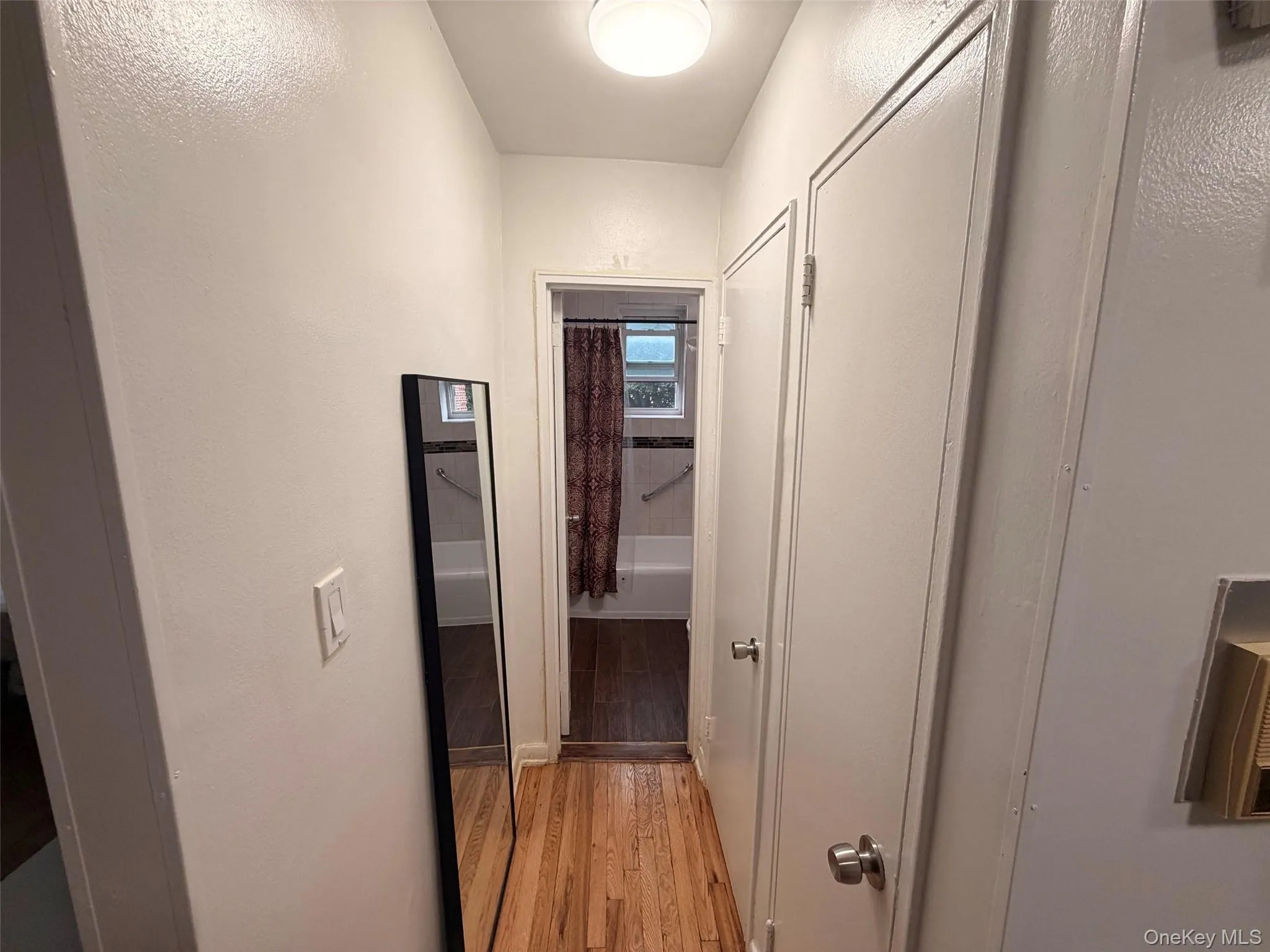 Hallway featuring light wood-finish flooring, white painted walls, and a flush-mount ceiling light Hallway featuring light wood-finish flooring, white painted walls, and a flush-mount ceiling light