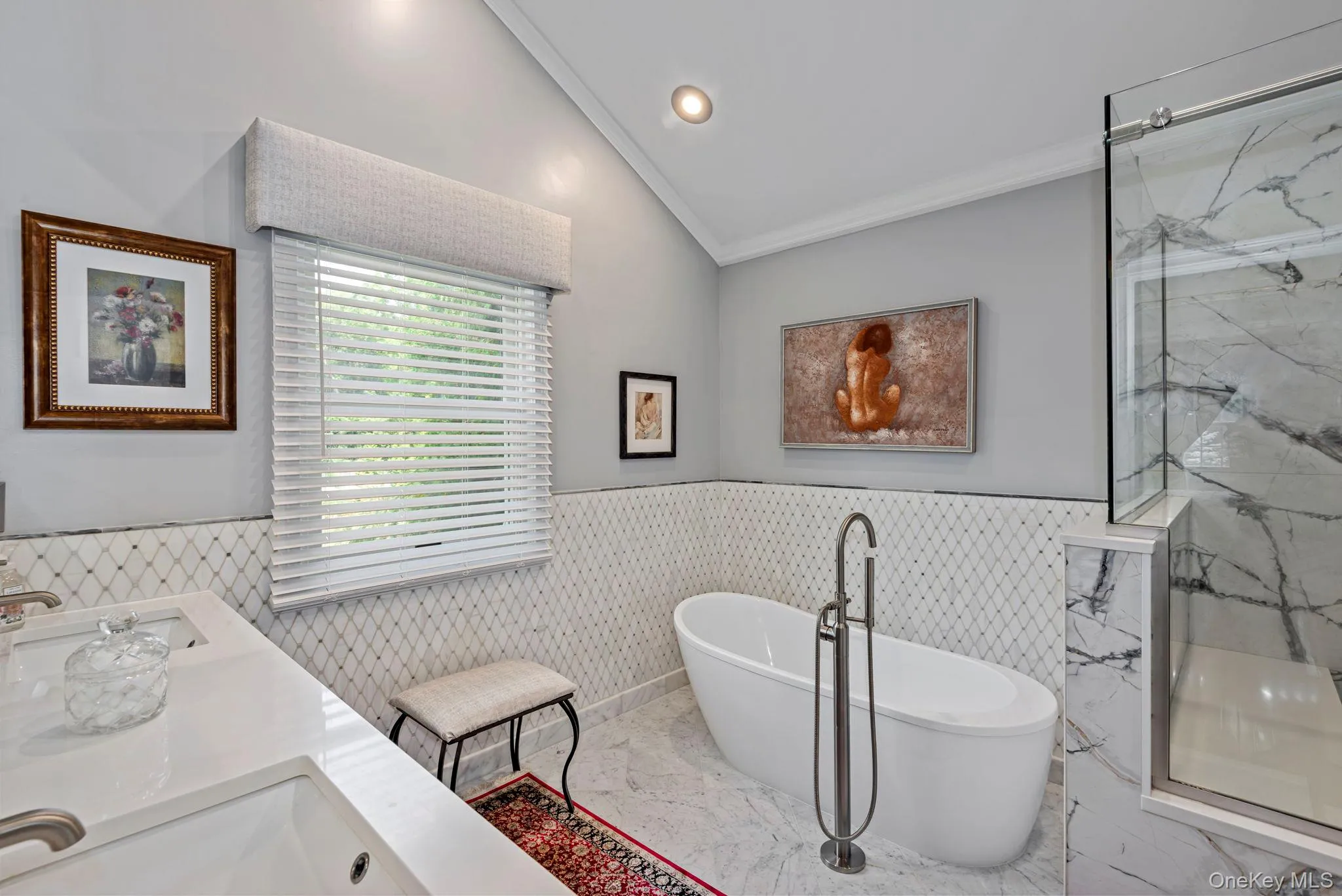 New Marble En Suite w/ Double Vanity, Soaking Tub & Glass Enclosed Shower New Marble En Suite w/ Double Vanity, Soaking Tub & Glass Enclosed Shower