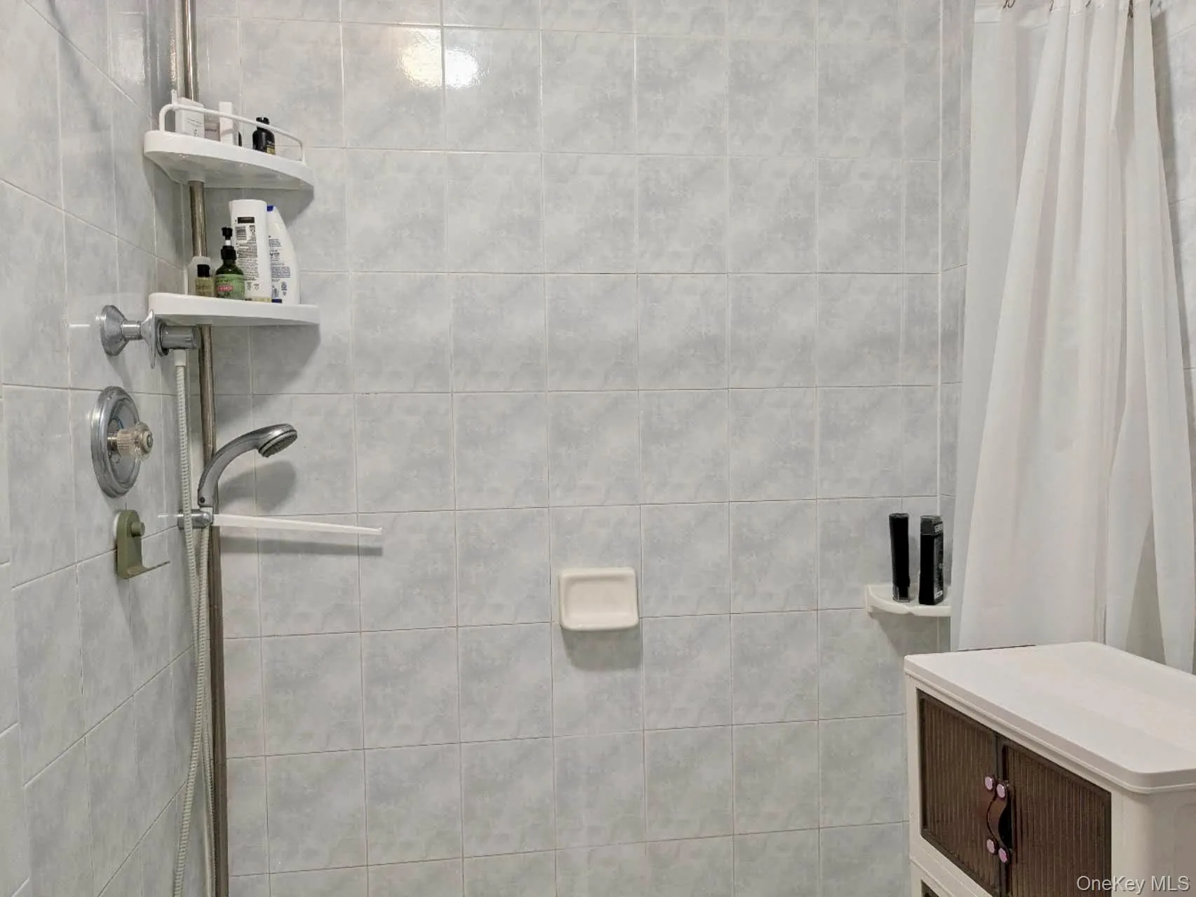 Bathroom featuring light-toned square wall tiles, a chrome shower fixture, and a built-in soap dish Bathroom featuring light-toned square wall tiles, a chrome shower fixture, and a built-in soap dish