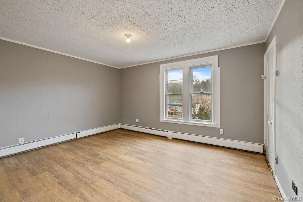 Unfurnished room with light hardwood / wood-style flooring, baseboard heating, and crown molding Unfurnished room with light hardwood / wood-style flooring, baseboard heating, and crown molding
